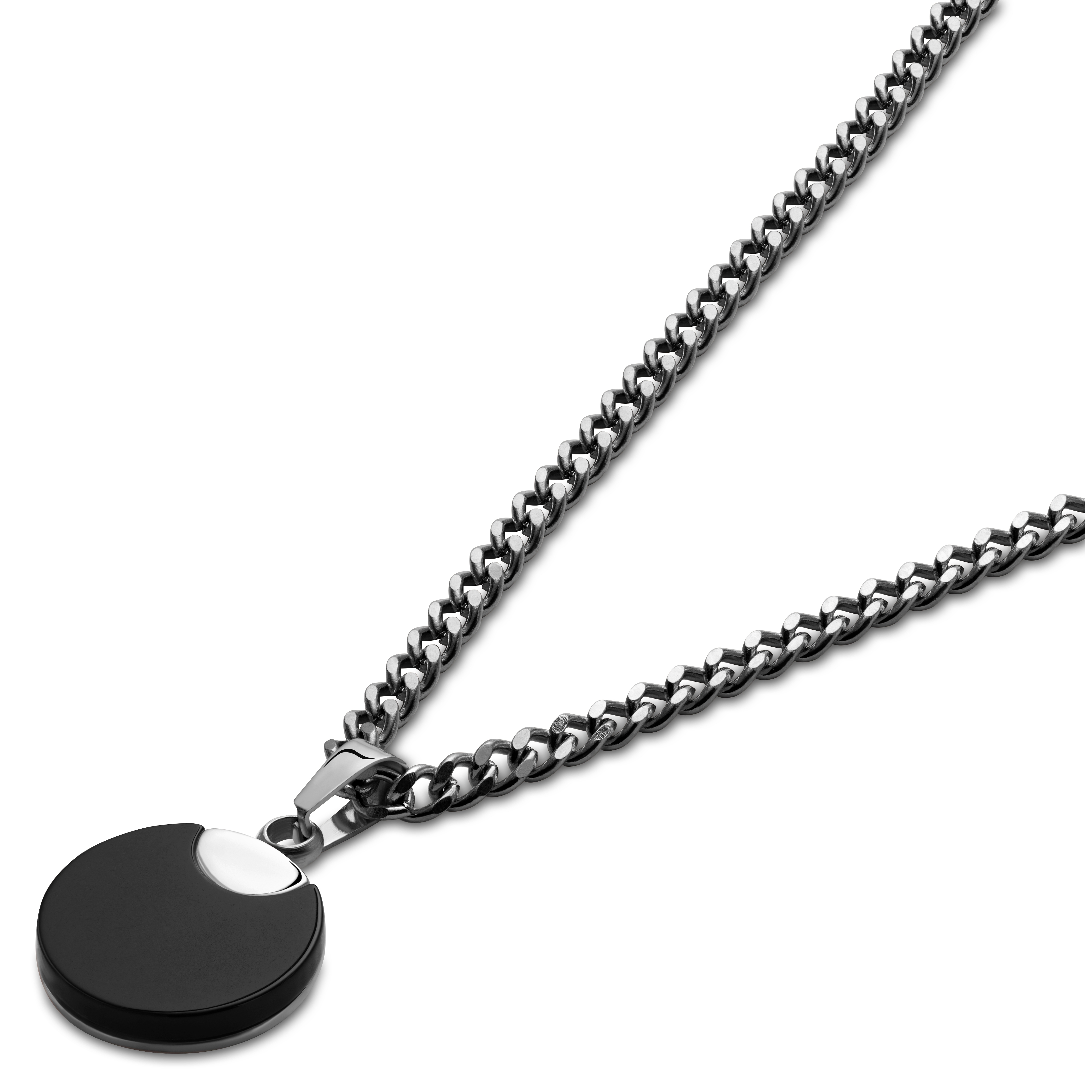 Cruz | Solid Round Silver-Tone Stainless Steel & Black Onyx Necklace - 2