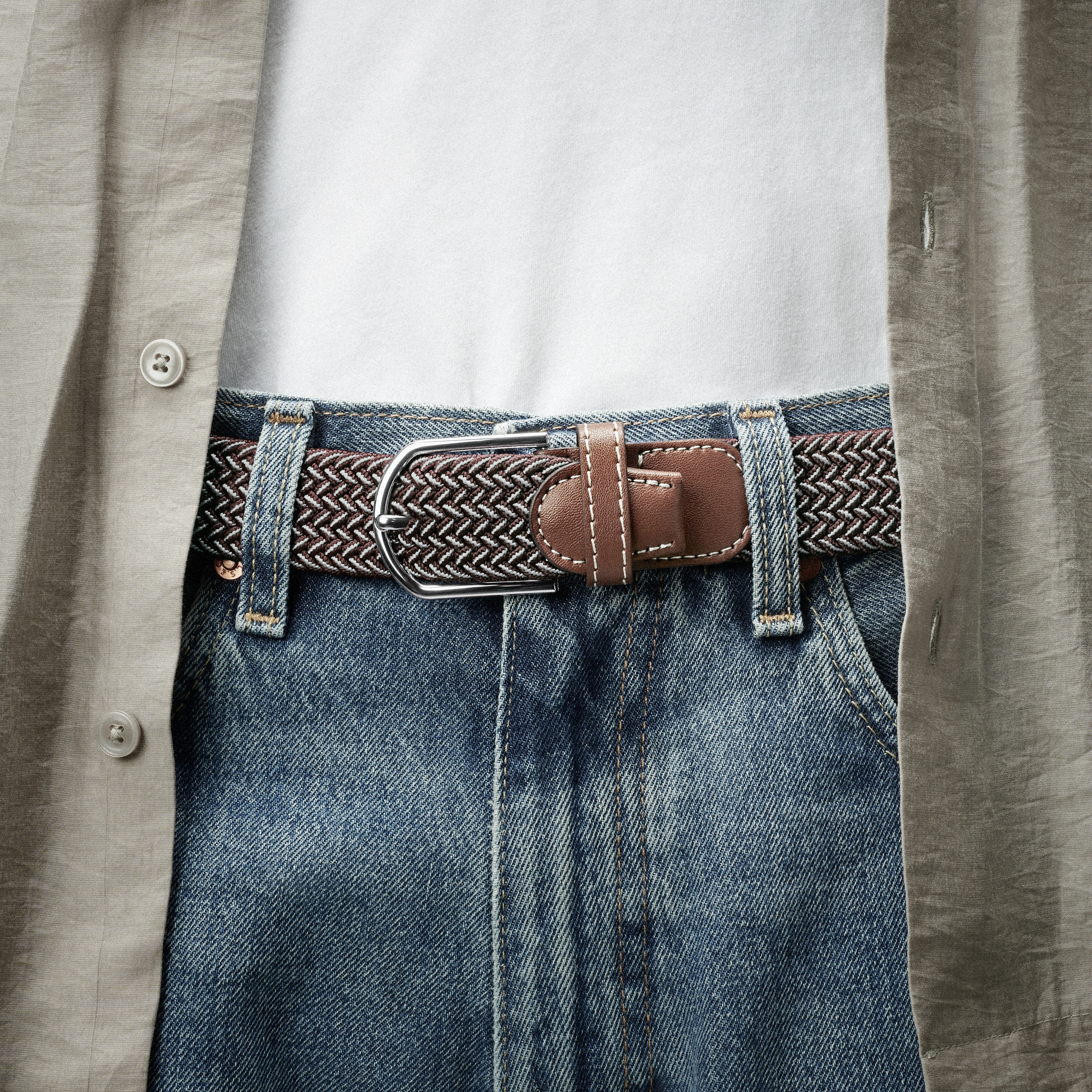 Brauner und weißer elastischer gestrickter Canvas-Gürtel - 3
