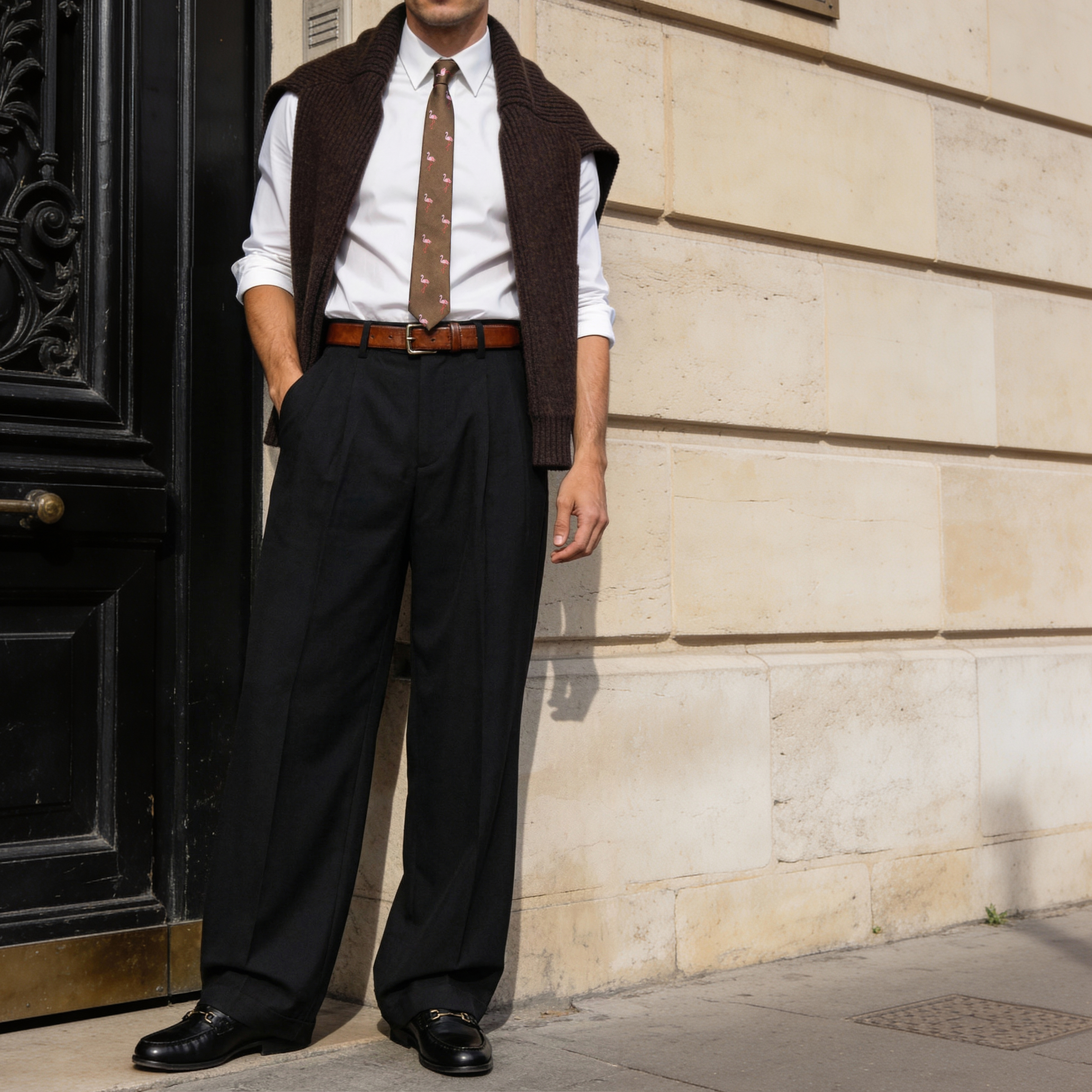 Rjava ozka kravata z motivom rožnatimih flamingov - 3