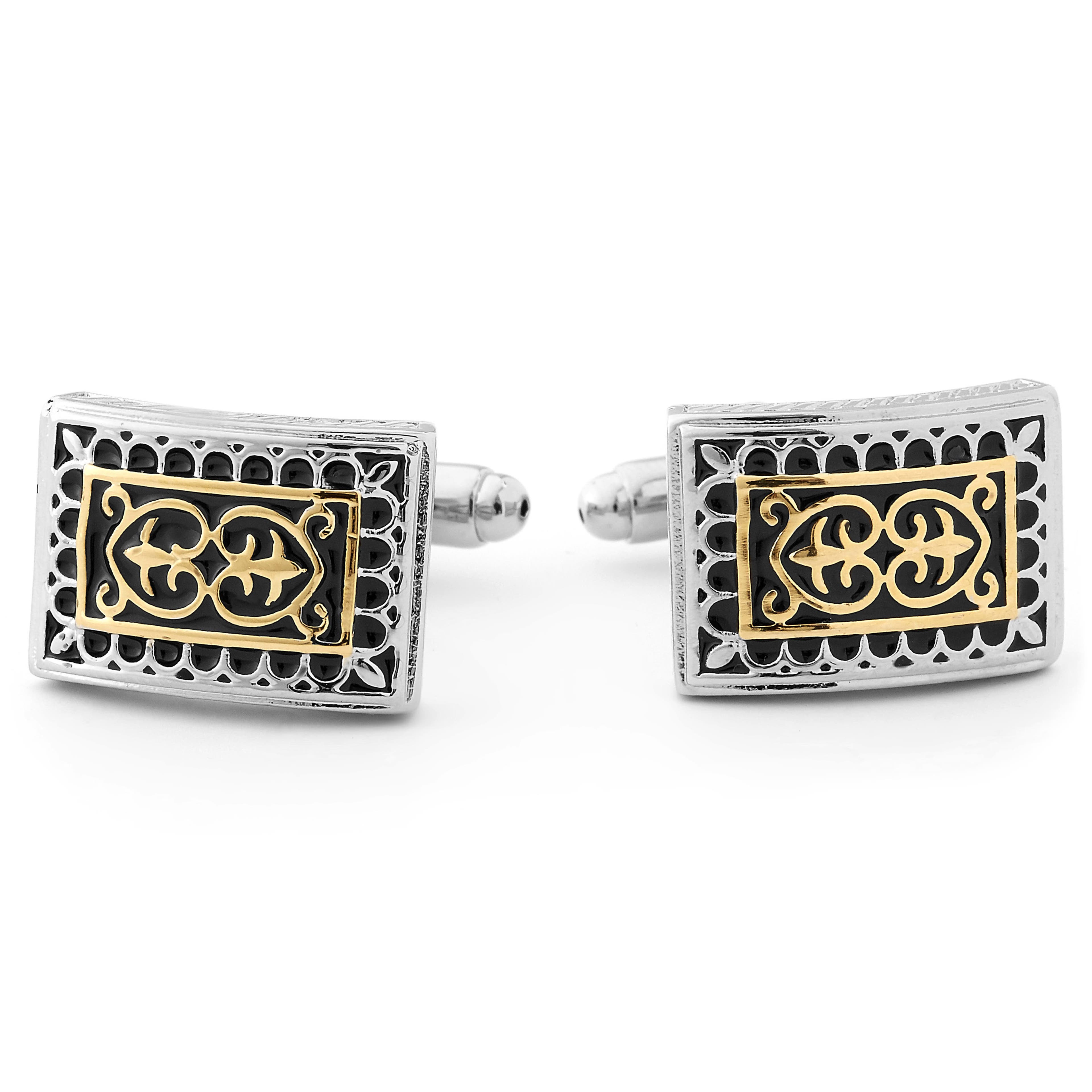 Rectangle Silver-Tone Medieval Metal Cufflinks