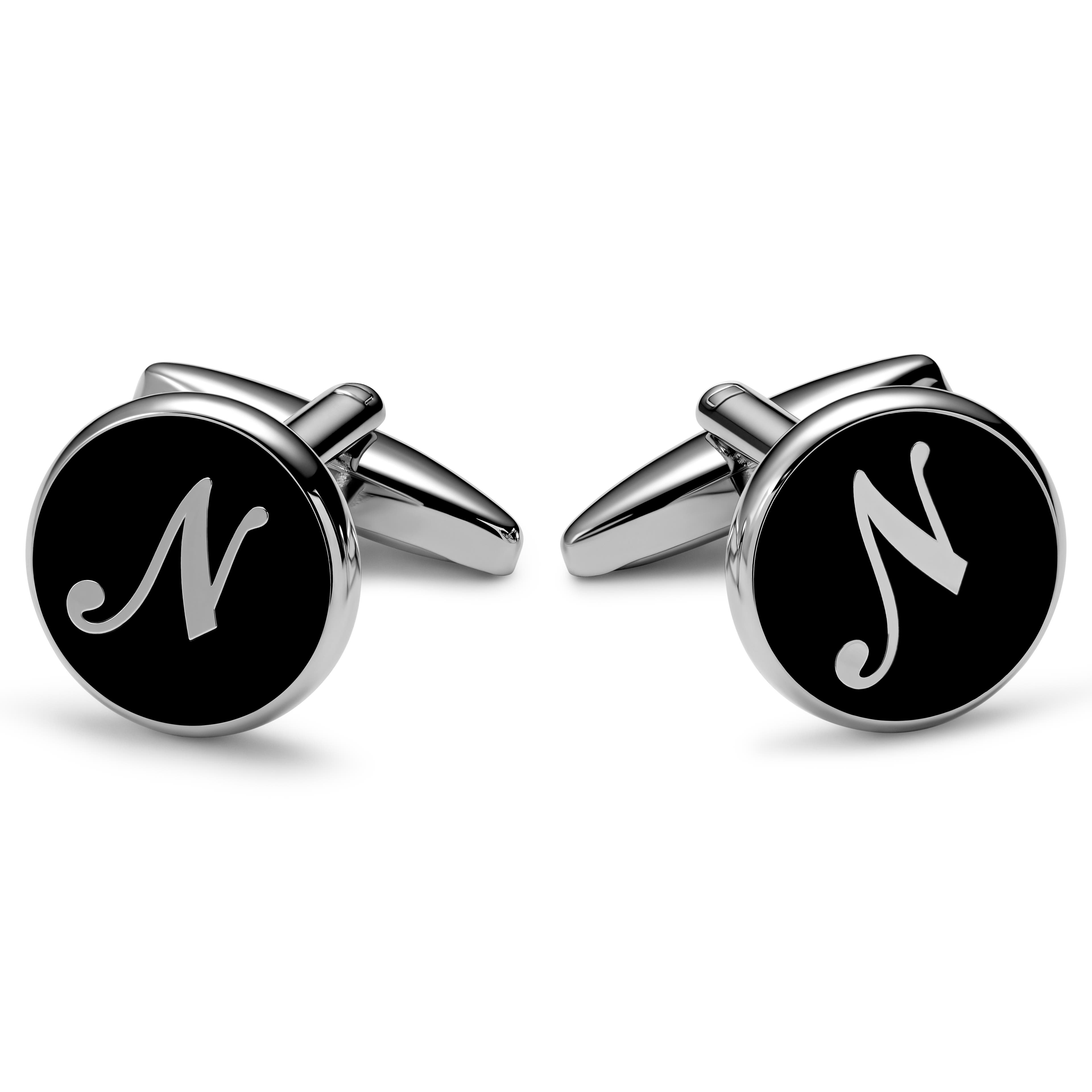 Round Silver-tone and Black Initial N Cufflinks