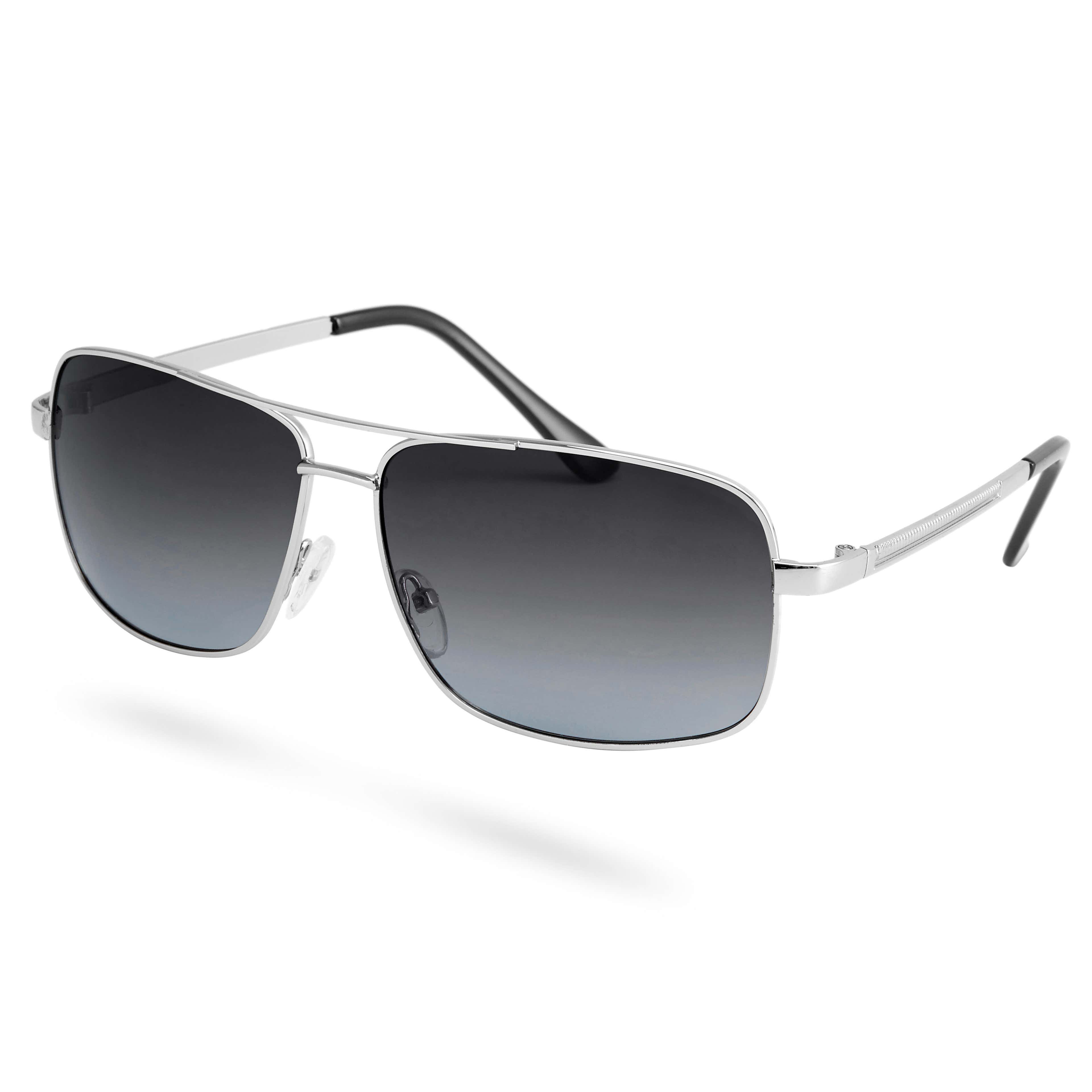 Rectangle Silver-Tone Smoke Polarized Sunglasses