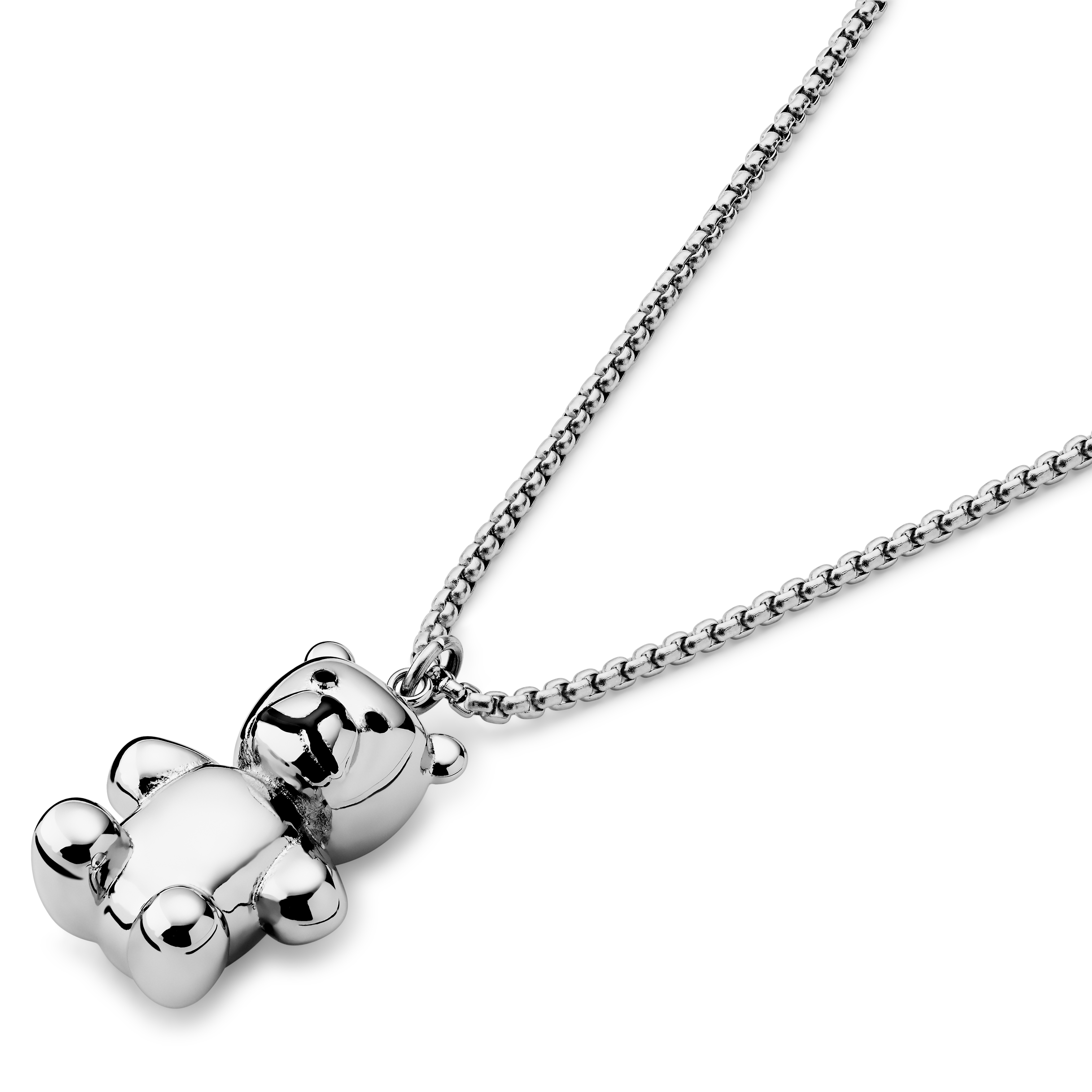Egan | Silberfarbener Edelstahl-Zirkonia Teddybär-Anhänger mit Halskette (Box Chain) - 4