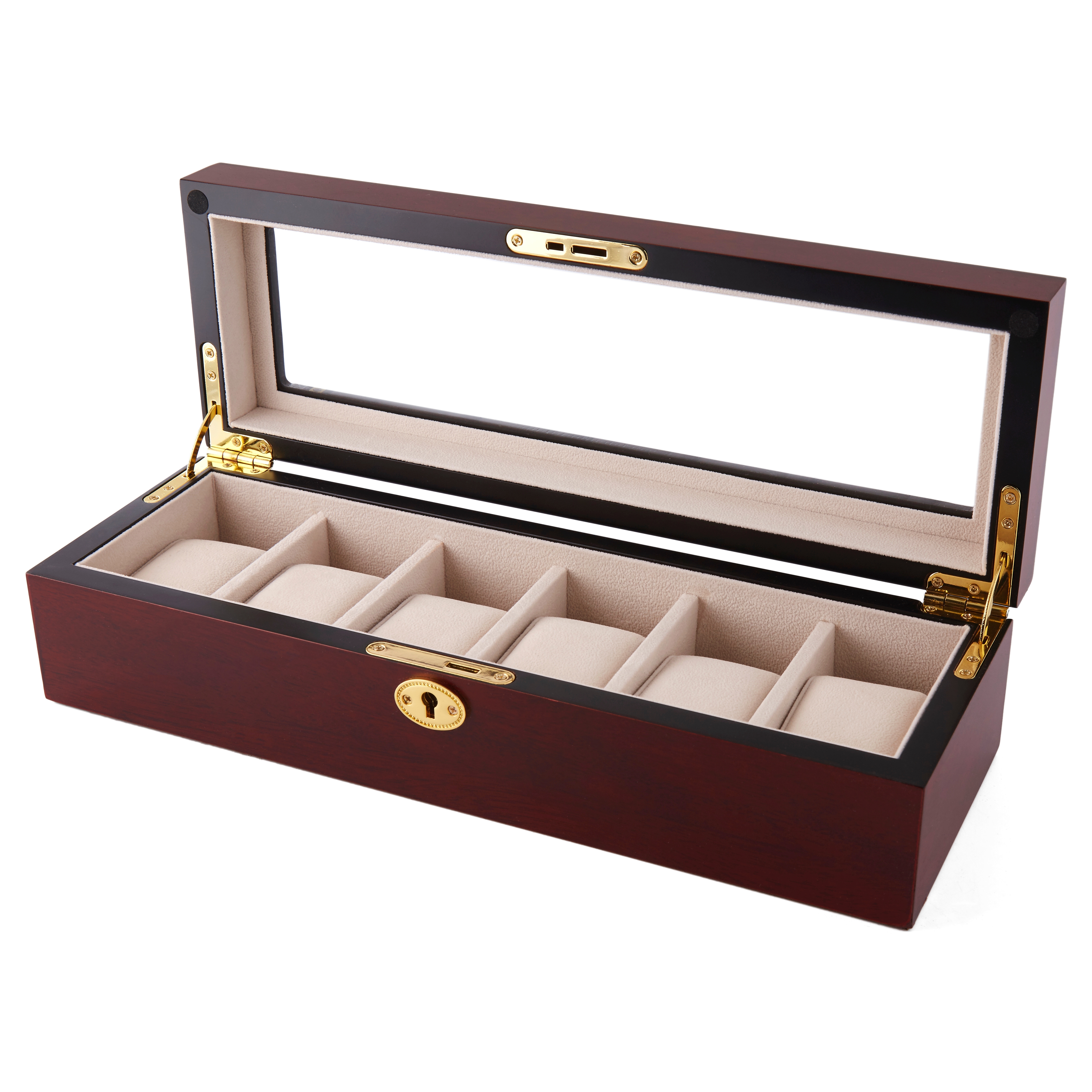 Lockable Gold-Tone & Cherry Wood Watch Case - 6 Watches - 2