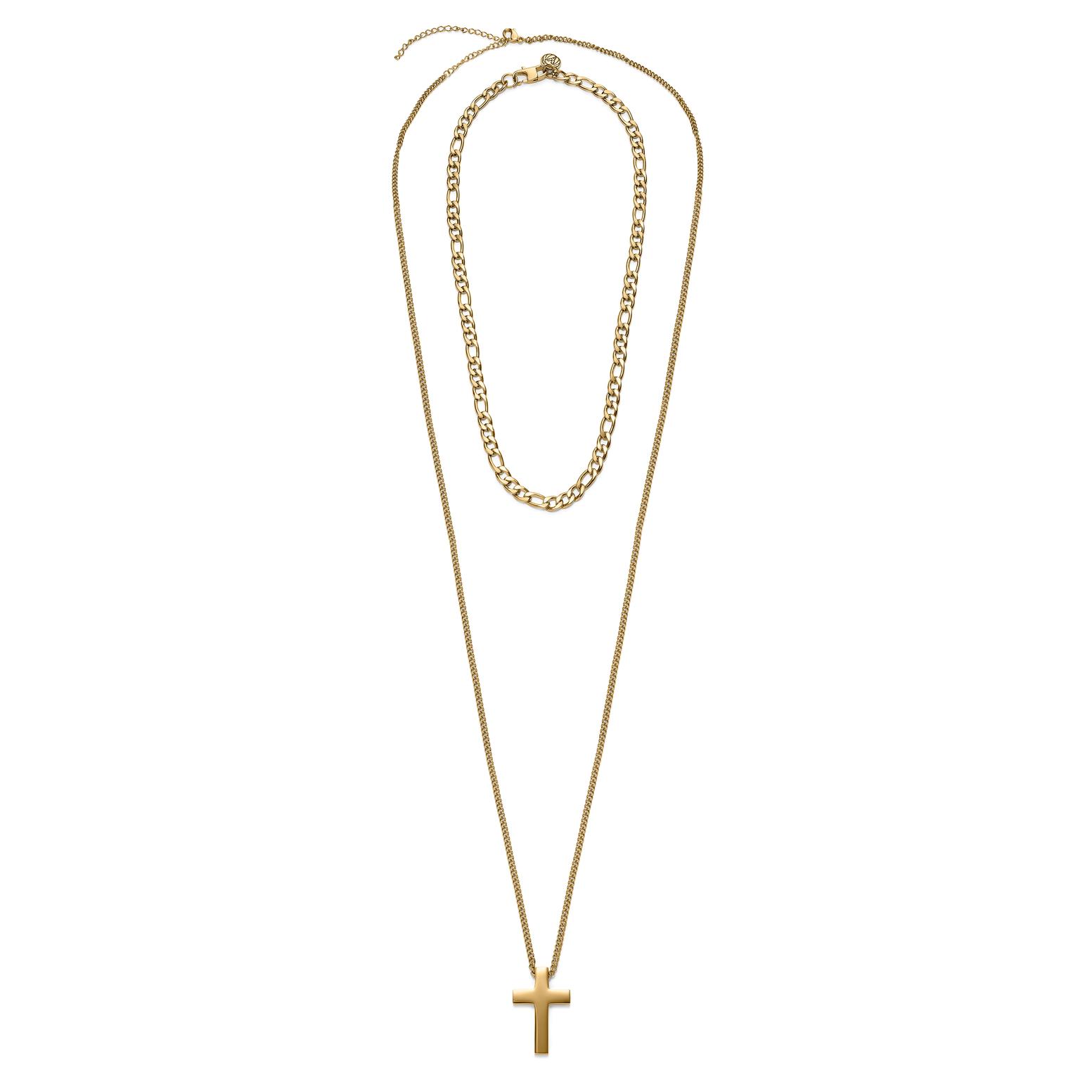 Gold-Tone Cross & Figaro Necklace Layering Set Gold-Tone Cross & Figaro Necklace Layering Set