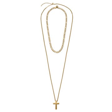 Set de 2 colliers assortis : chaîne Figaro et pendentif à croix dorée