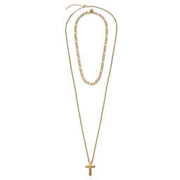 Set de 2 colliers assortis : chaîne Figaro et pendentif à croix dorée