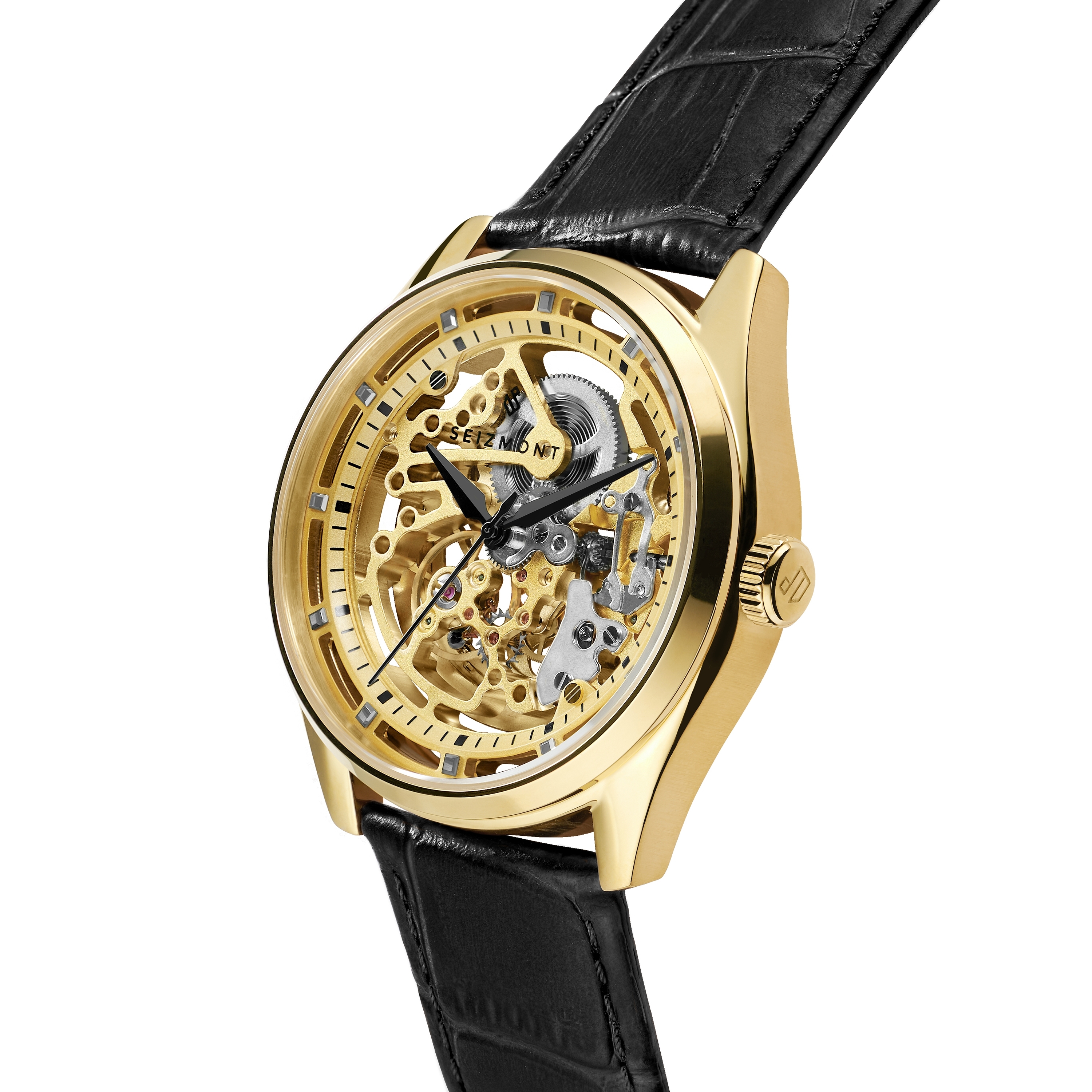 Motus, Gold-Tone Automatic Skeleton Watch With Black Leather Strap, In  stock!