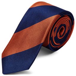 Cravate en soie à rayures bleu marine et orange - 6 cm