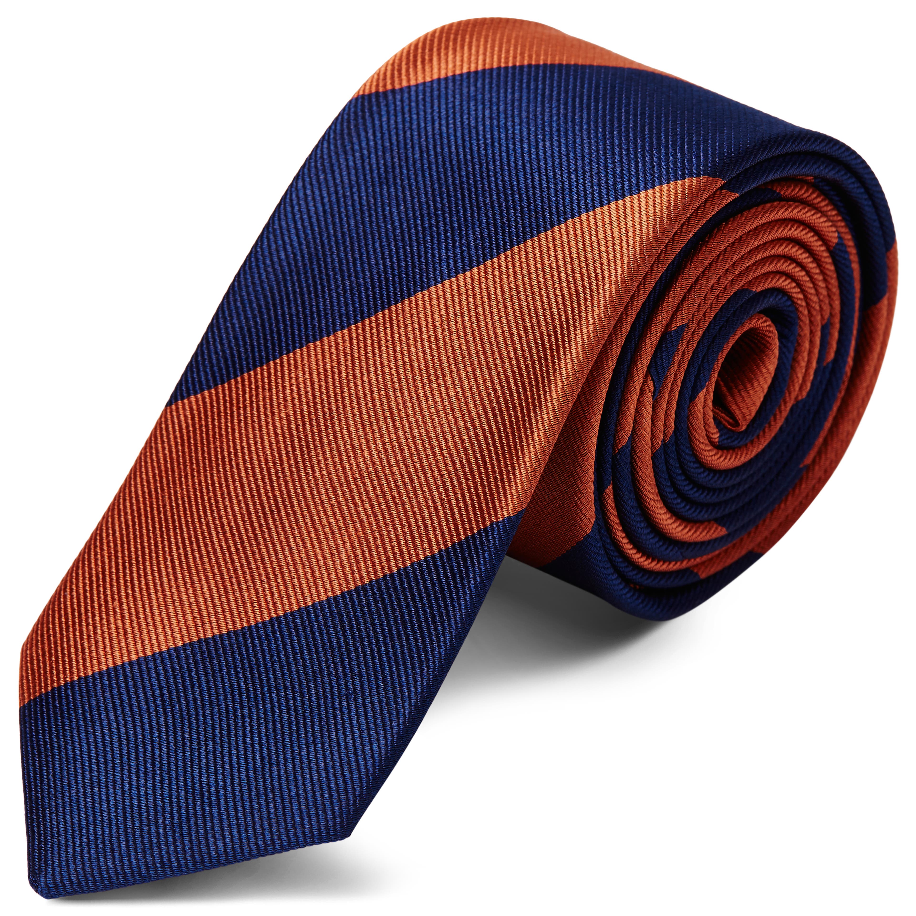 Cravatta blu navy e arancio in seta da 6 cm con motivo a righe