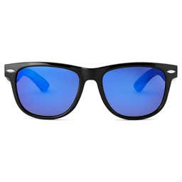 Black & Blue Retro Polarised Sunglasses With Wood Temples - 2 - hover gallery
