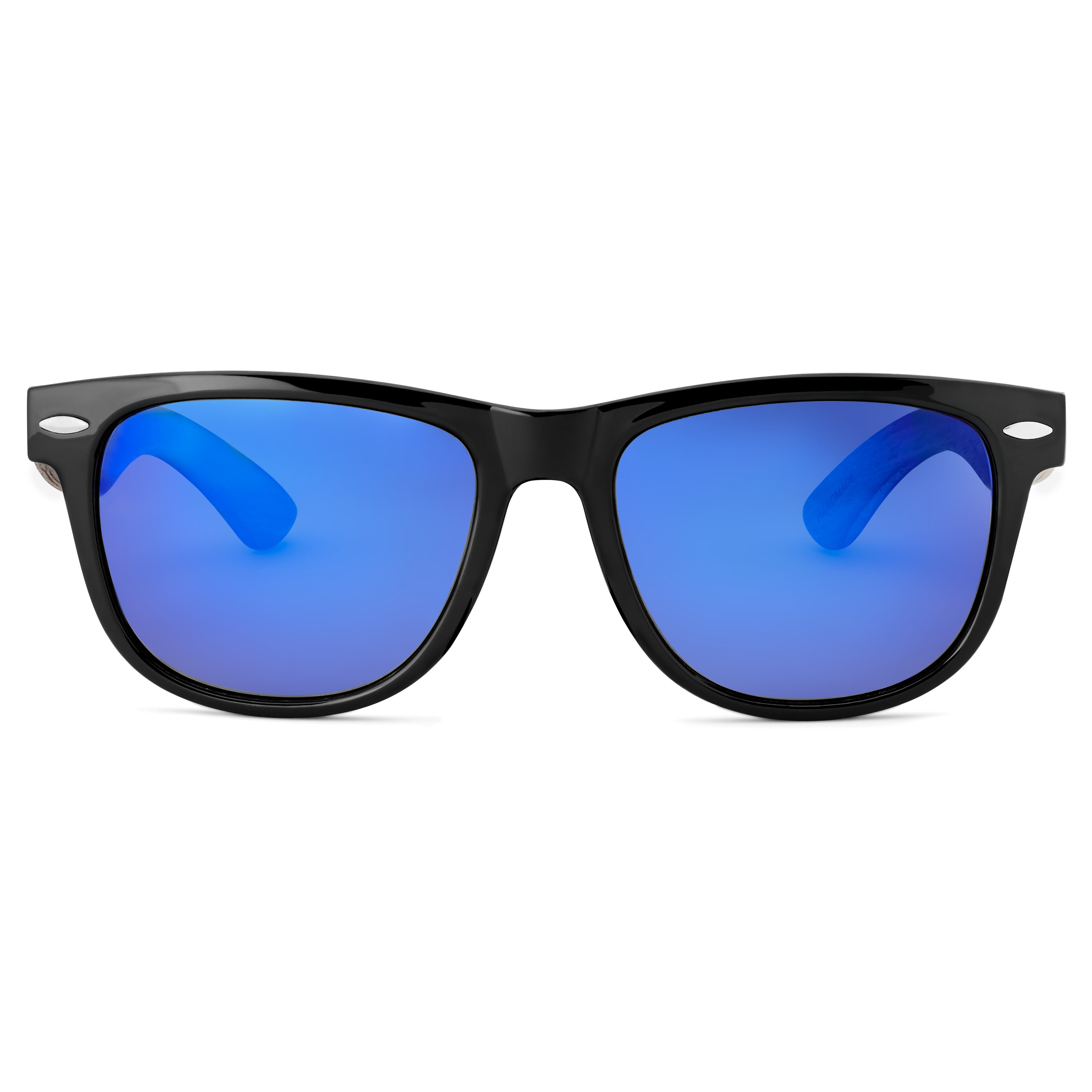 Black & Blue Retro Polarised Sunglasses With Wood Temples