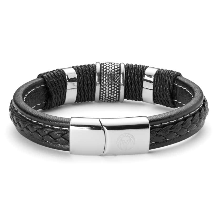 Icon | Black Leather & Silver-Tone Stainless Steel Bracelet | In stock ...