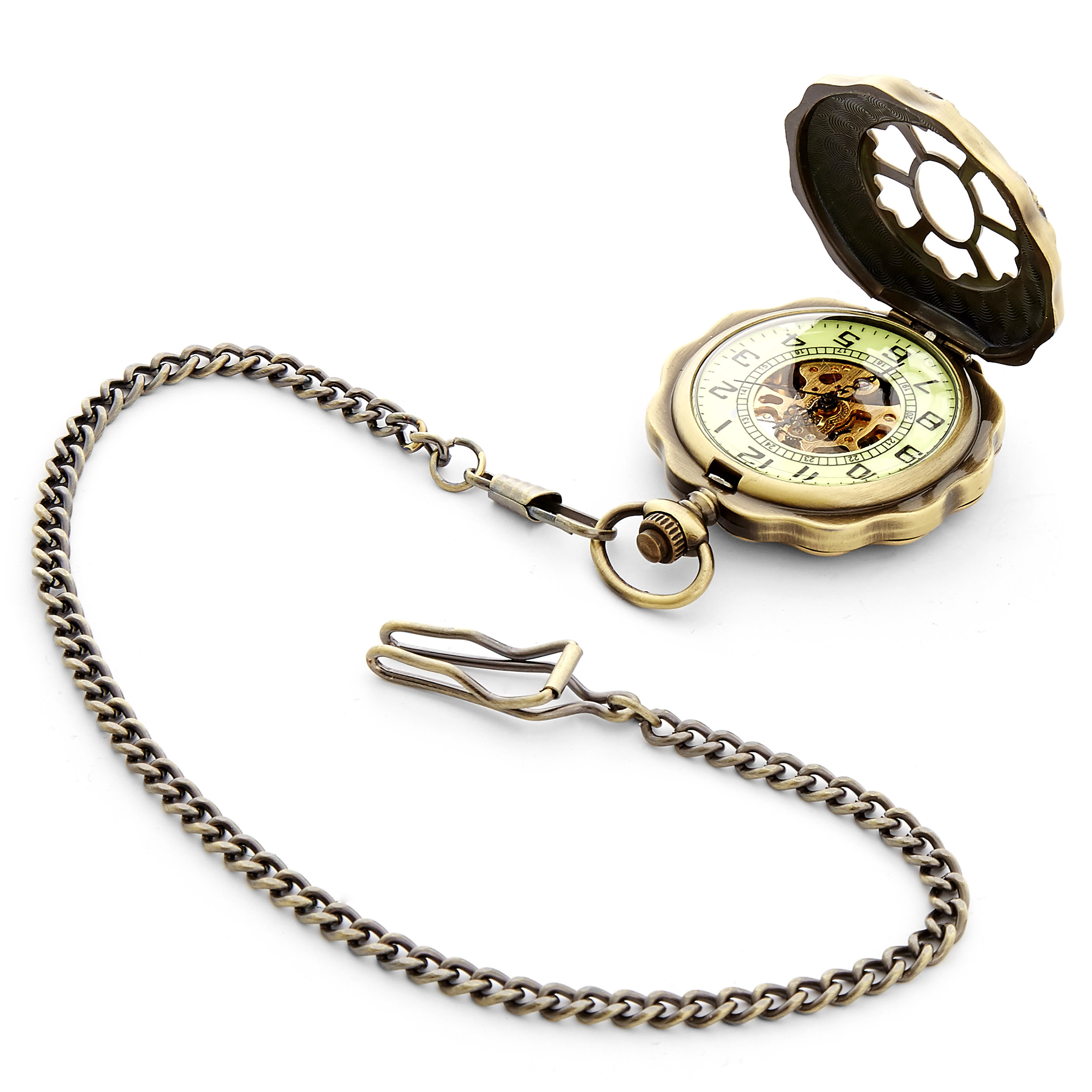 Gold-Tone Skeleton Pocket Watch With Curved Edge, Gold-Tone Movement & Gold-Tone Cable Chain - 3