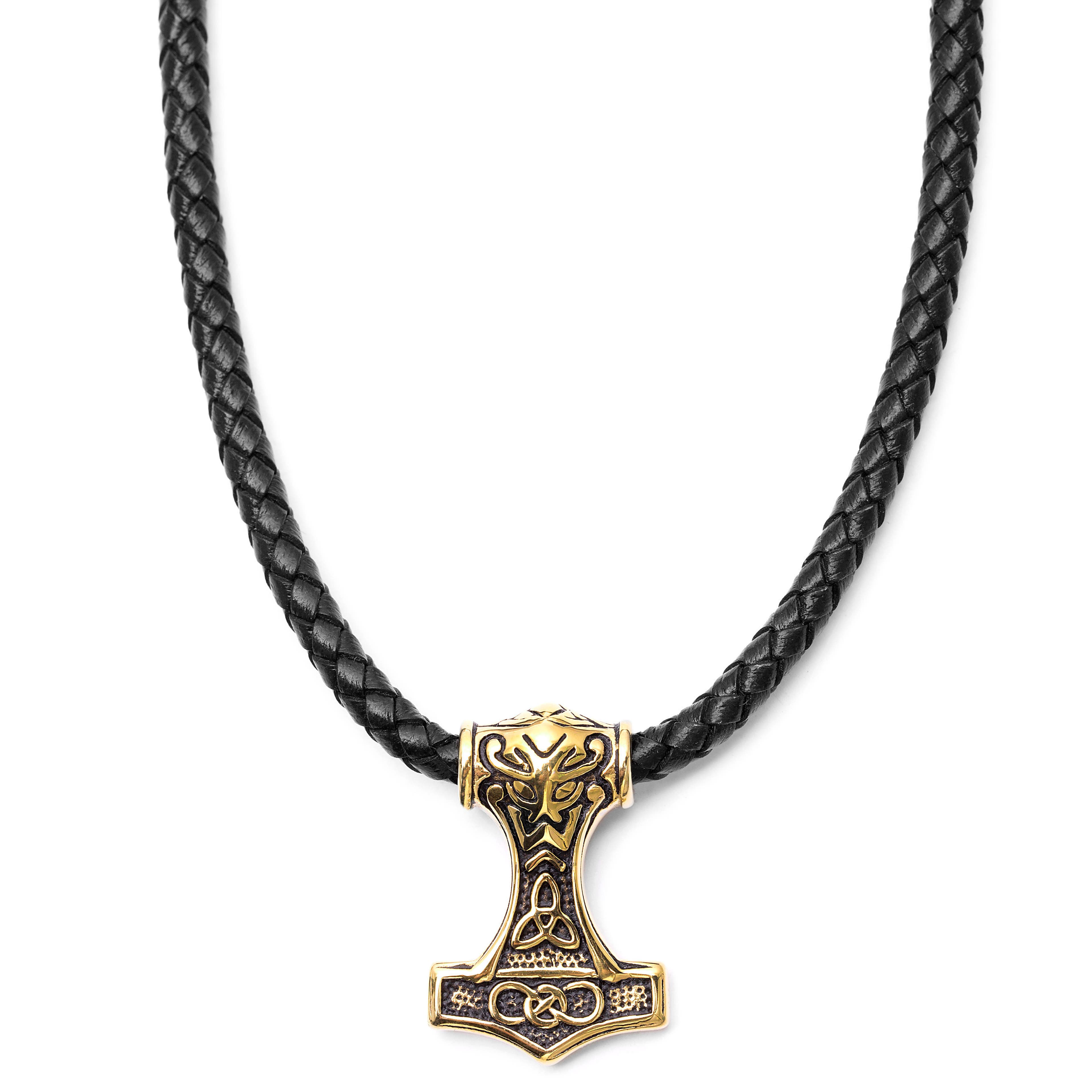 Obojstranný čierny kožený náhrdelník Triquetra 