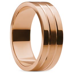 Ferrum | 8 mm Platt Roséguldfärgad Dubbelfårad Ring i Polerat & Borstat Rostfritt Stål