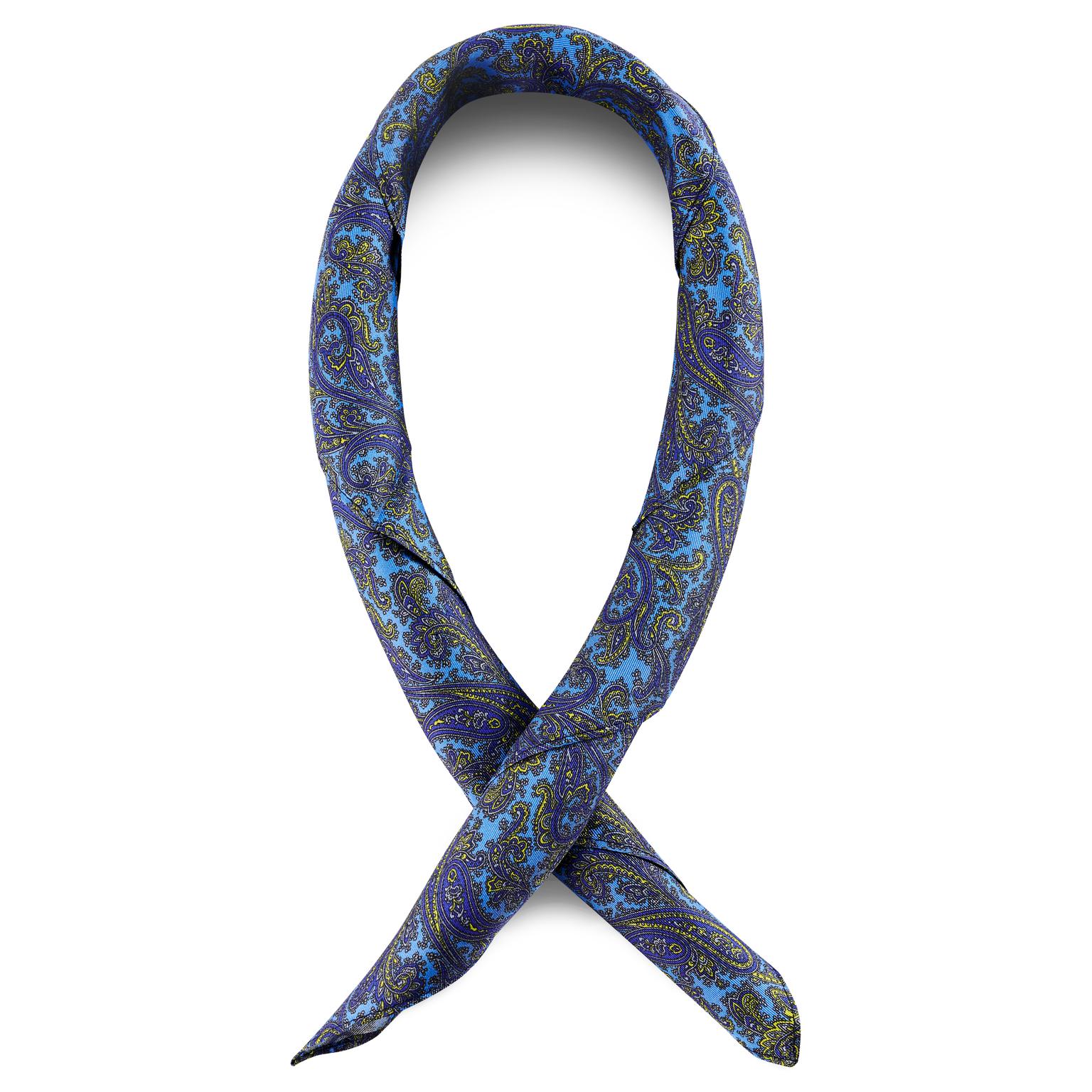 Hellblaues & goldenes Halstuch aus Seide mit Paisleymuster Hellblaues & goldenes Halstuch aus Seide mit Paisleymuster