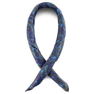 Hedvábný šátek se světle modrým a zlatým vzorem paisley Hedvábný šátek se světle modrým a zlatým vzorem paisley