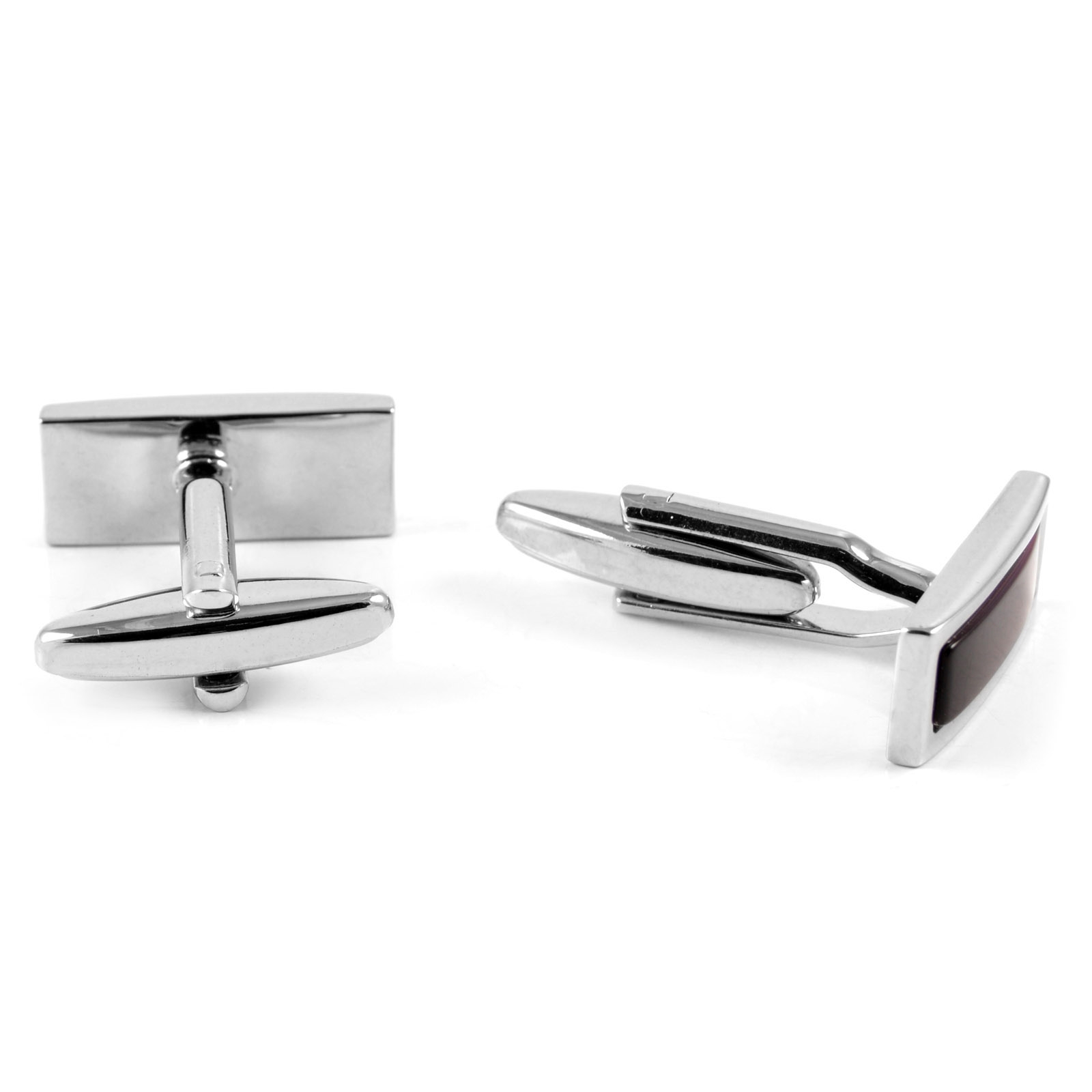 Rectangular Silver-Tone & Burgundy Stones Cufflinks - 3