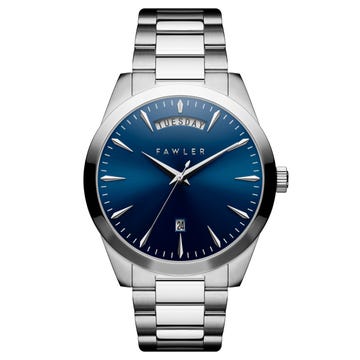 Eric | Reloj de acero inoxidable plateado y azul con día y fecha