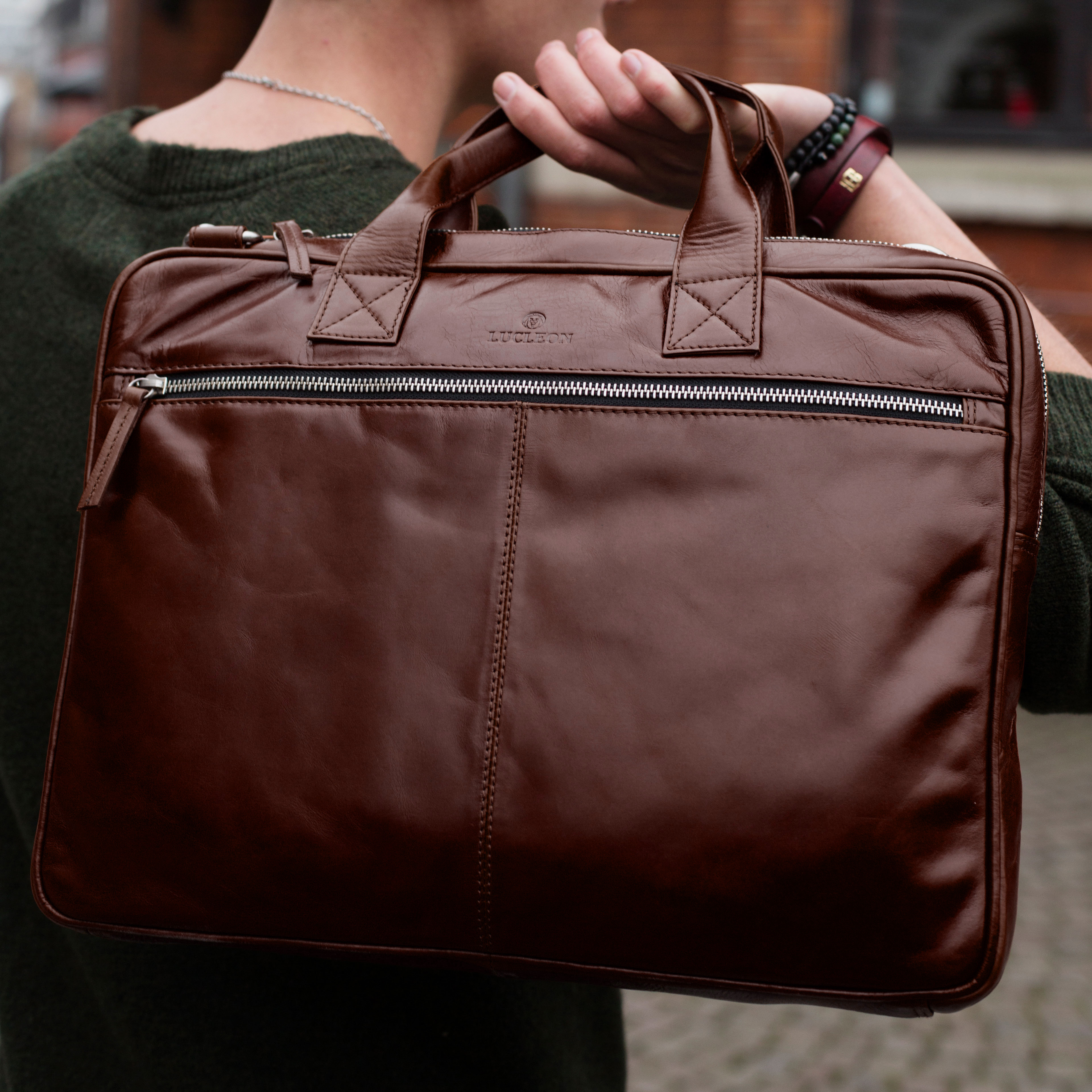 Sac pour ordinateur slim zippé en cuir marron Jasper  - 13