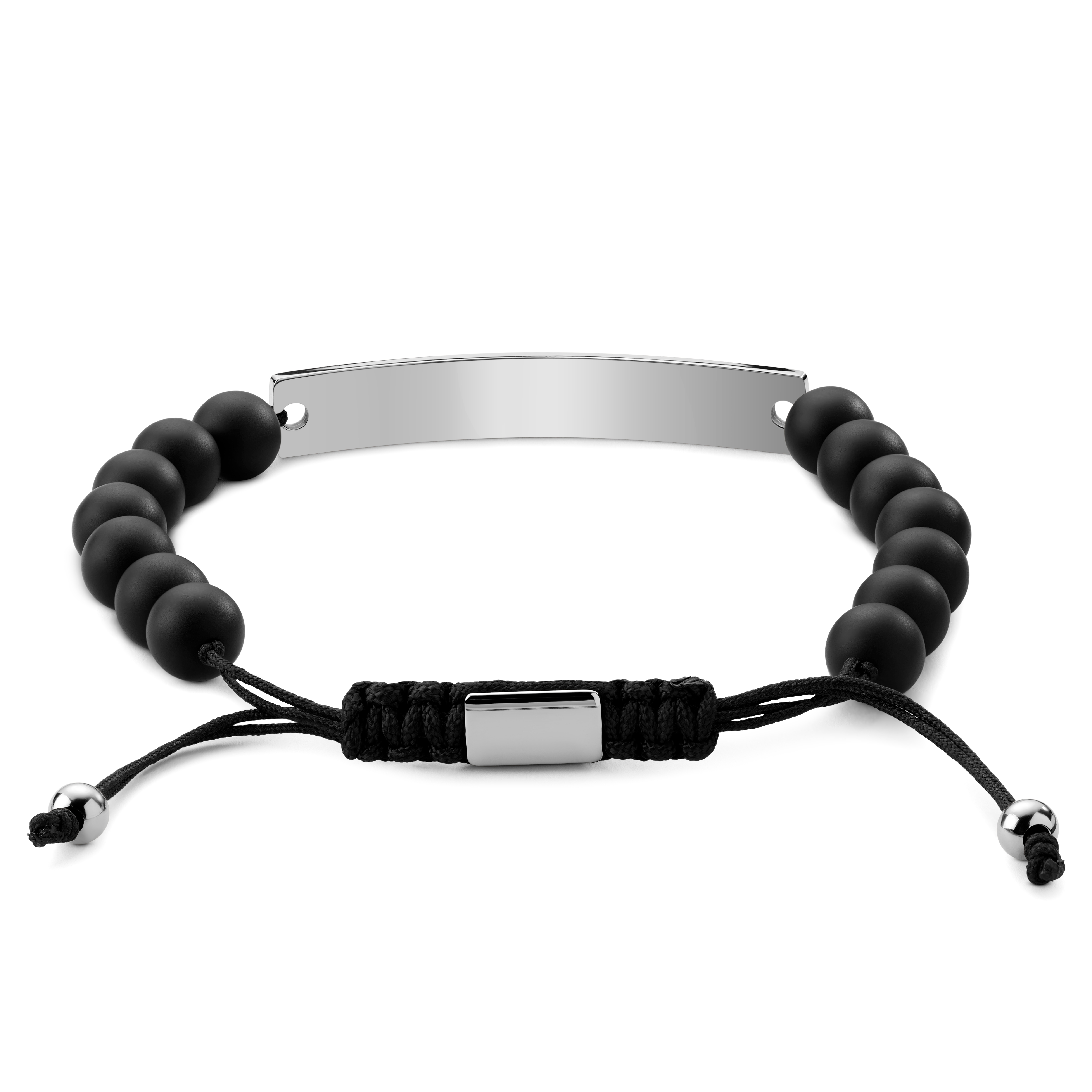  Adjustable-Length Onyx Bead Bracelet with Silver-Tone Stainless Steel Plate - 2