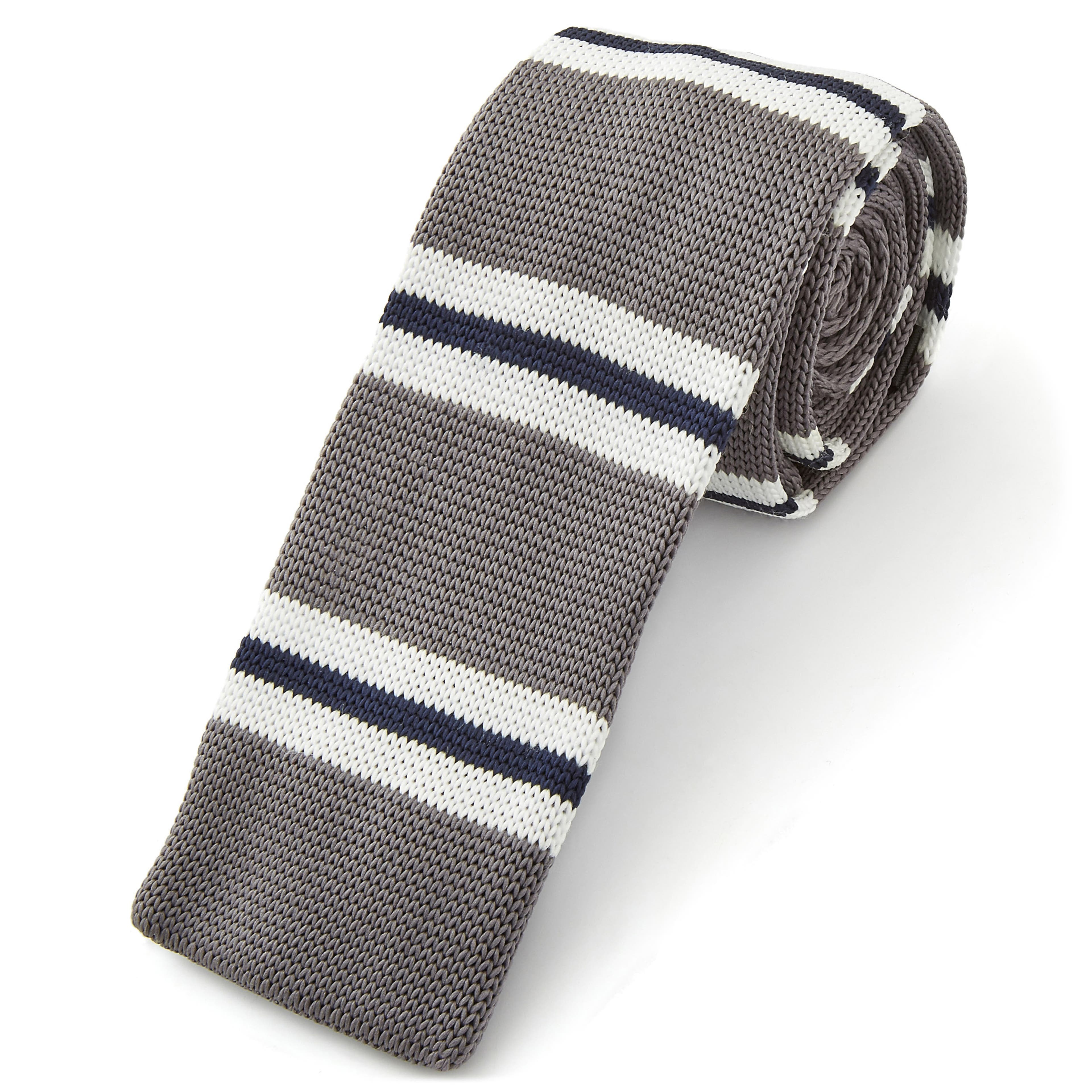 Grey, Navy Blue & White Striped Polyester Knitted Tie