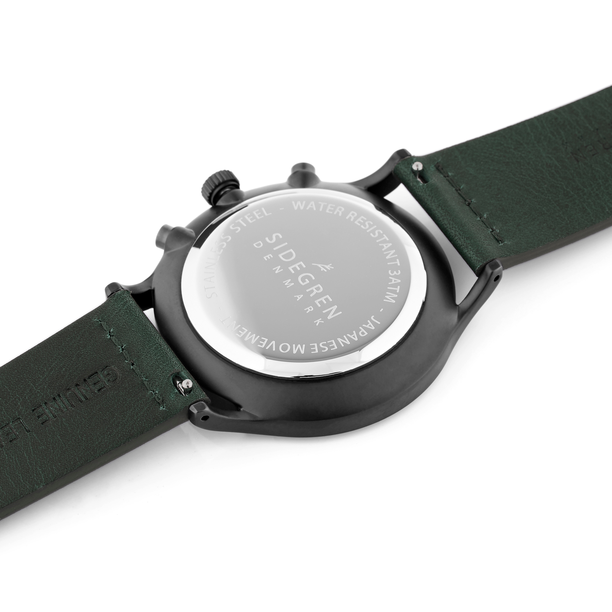 Revil | Black Chronograph Watch With Black Dial, Pale Yellow Details & Olive Green Leather Strap - 3