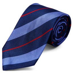 Gravata em Seda Azul Escura ás Riscas Azuis Pastel e Vermelhas de 8 cm