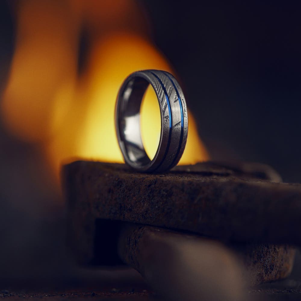 hover: Fortis | 7 mm Double Grooved Damascus Steel and Blue Titanium Ring hover: Fortis | 7 mm Double Grooved Damascus Steel and Blue Titanium Ring