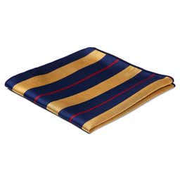 Pañuelo de bolsillo de seda azul marino con rayas doradas y rojas