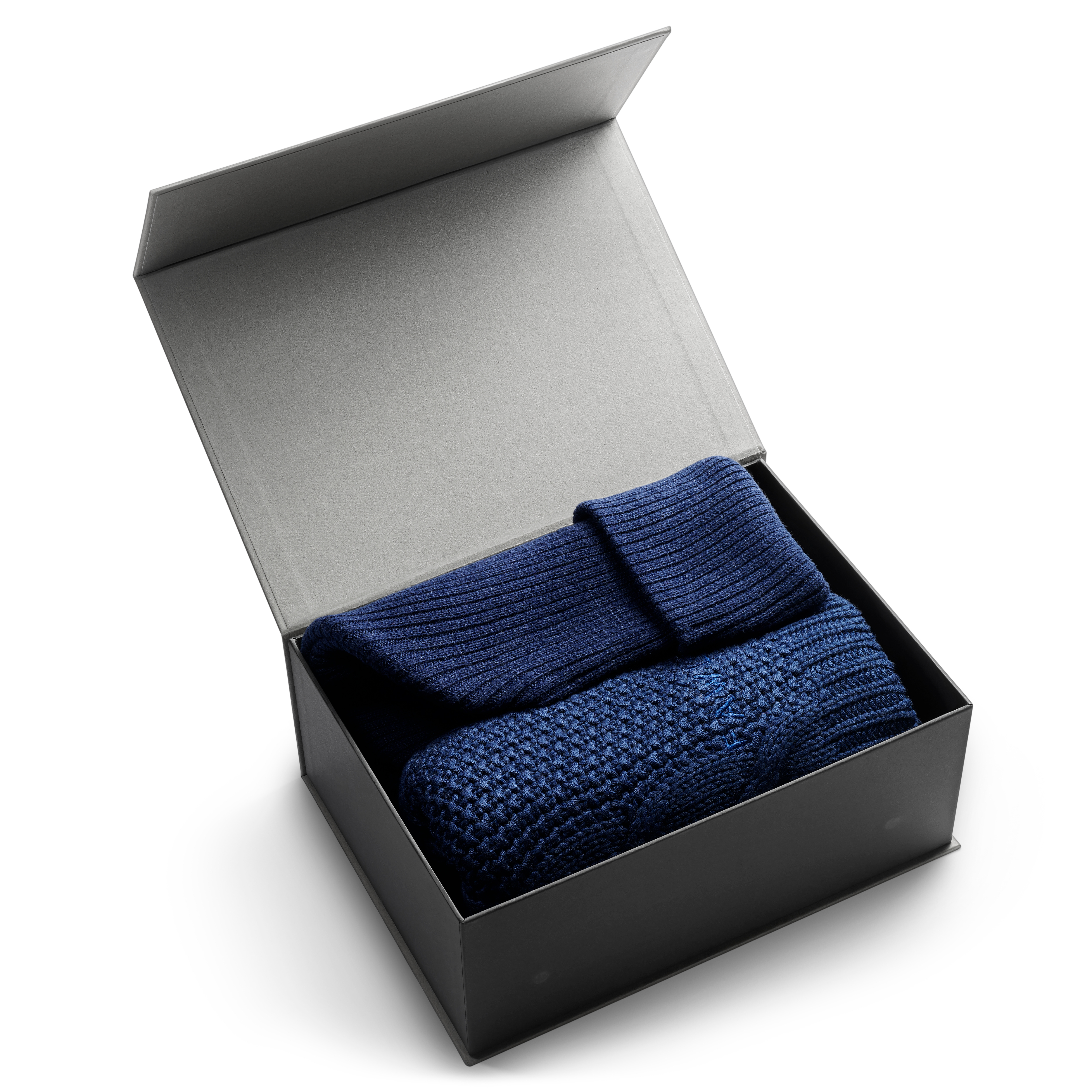 Marineblå Uld Halstørklæde & Hue i Bomuld Gaveæske - 1