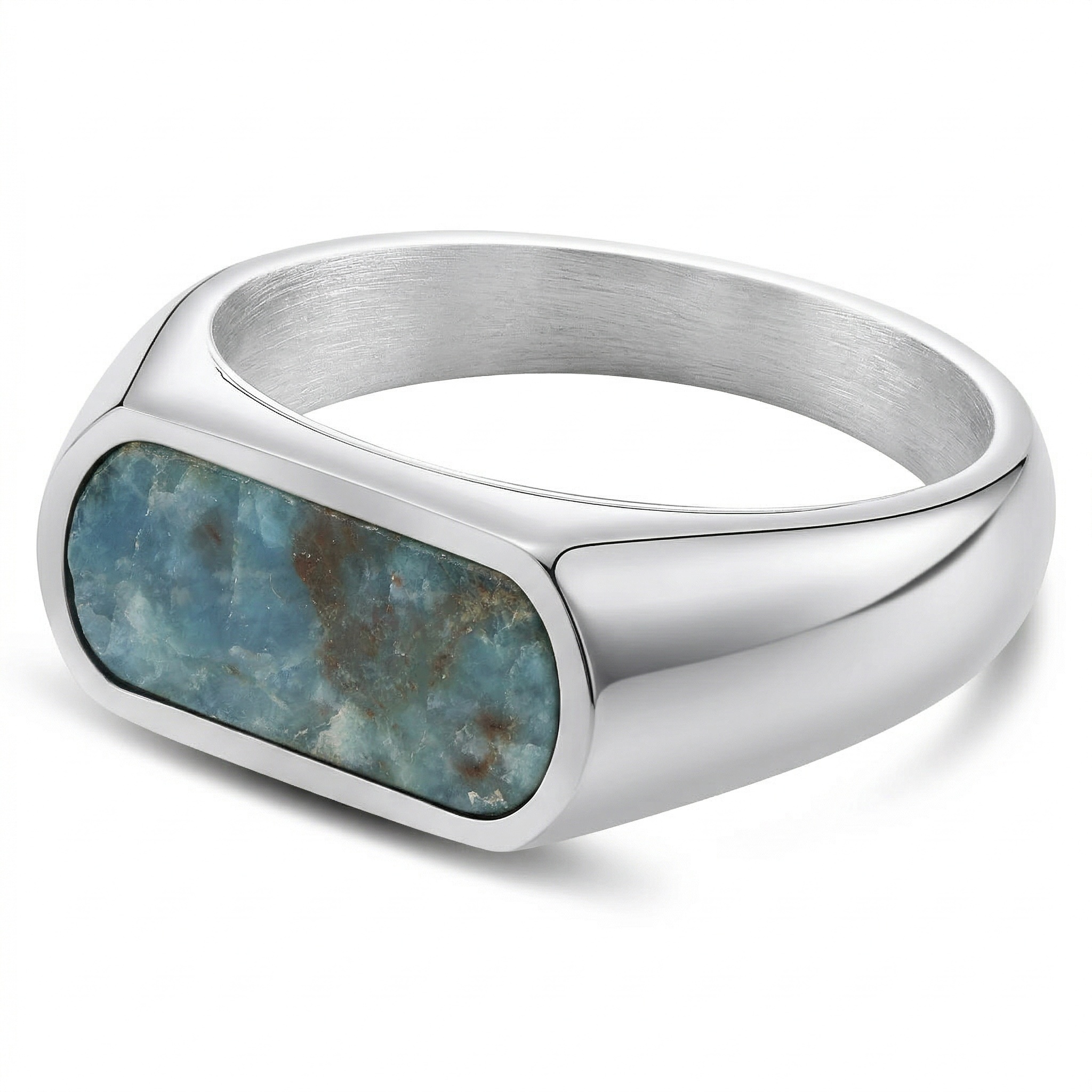 Orisun | Anello con sigillo in acciaio inossidabile color argento e pietra Apatite 