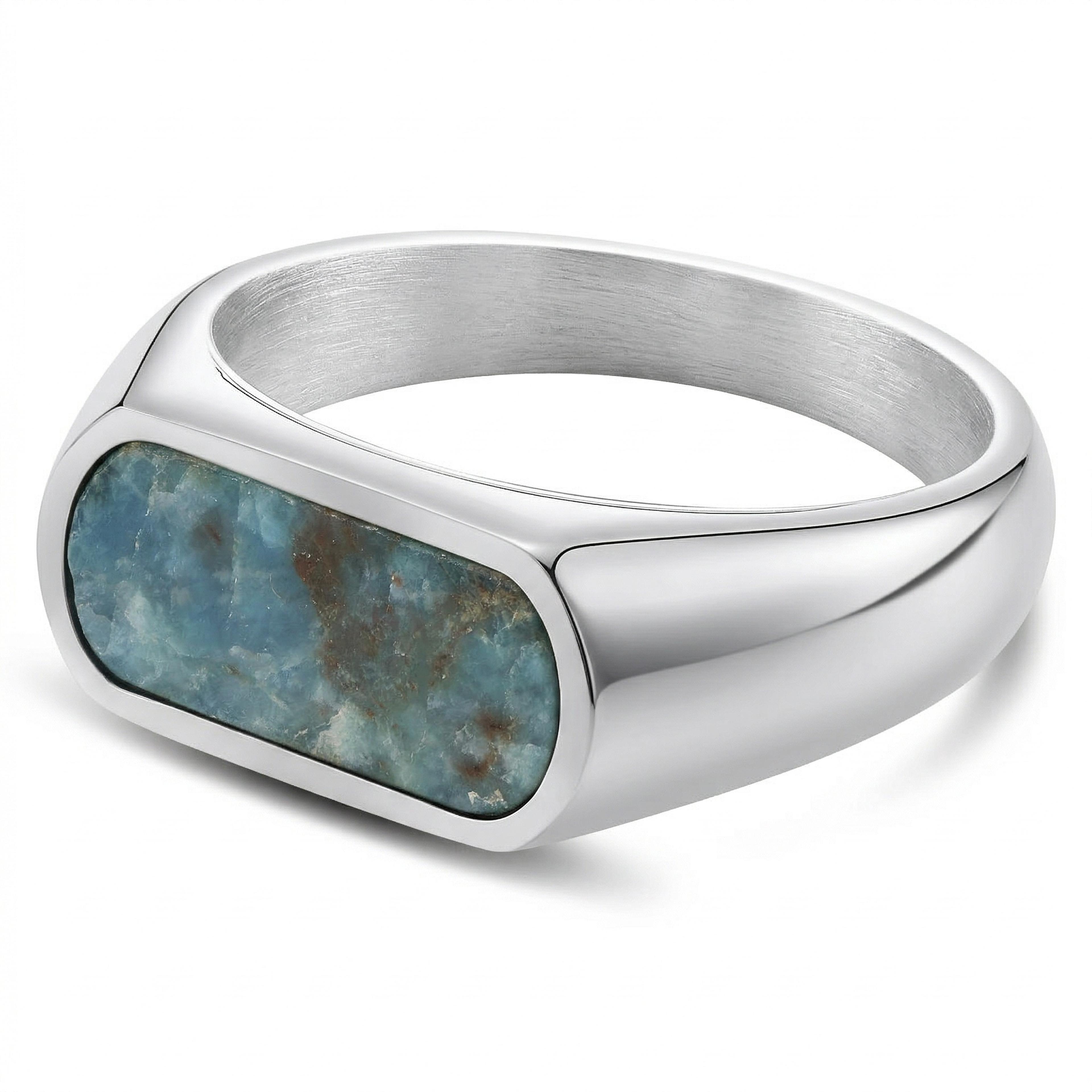 Orisun | Anello con sigillo in acciaio inossidabile color argento e pietra Apatite Orisun | Anello con sigillo in acciaio inossidabile color argento e pietra Apatite