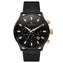 Troika II | Black Dual-Time Watch With Black Dial, Gold-Tone Markers & Black Leather Strap
