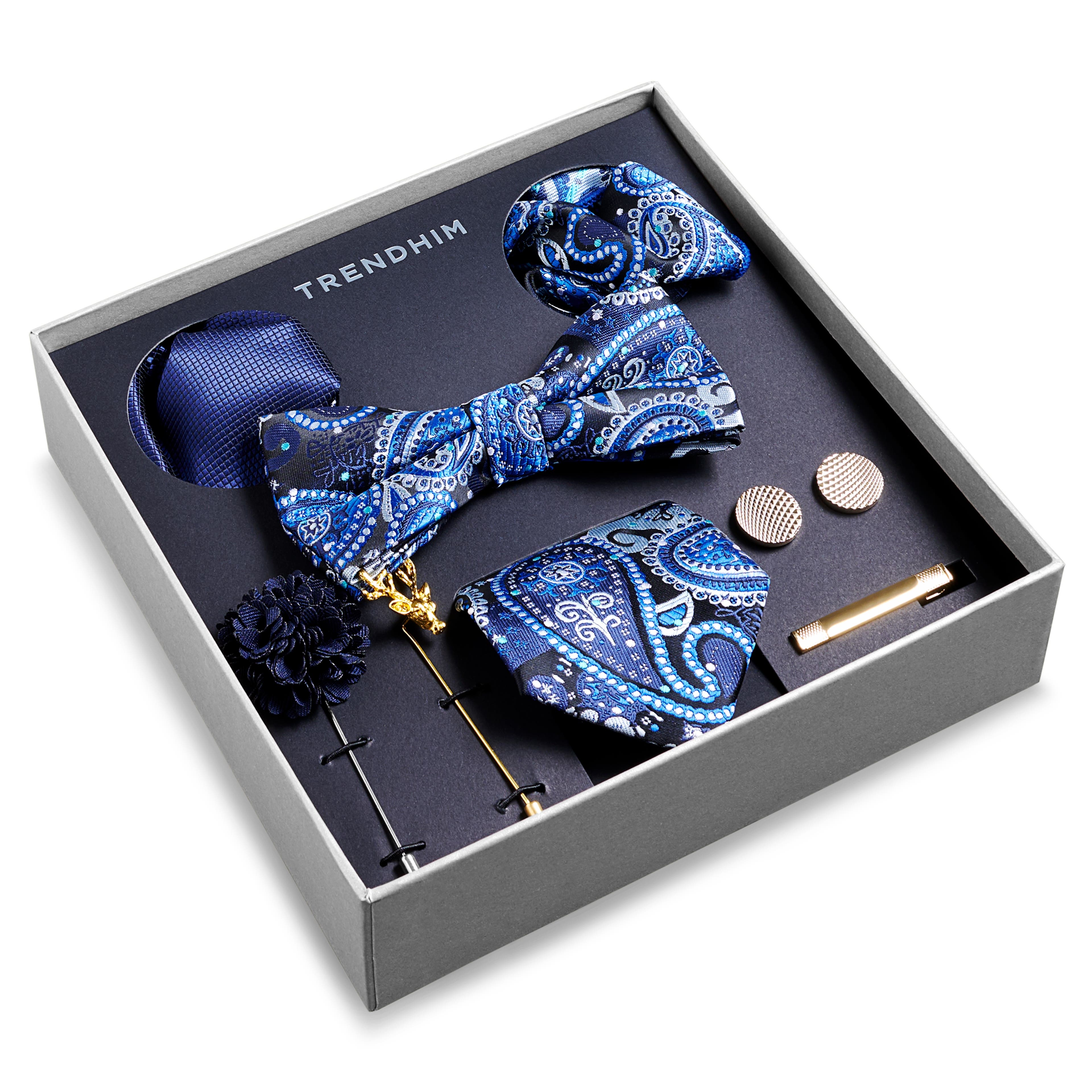 Подаръчна кутия с аксесоари за костюм | Комплект с пейсли мотиви в синьо и златисто