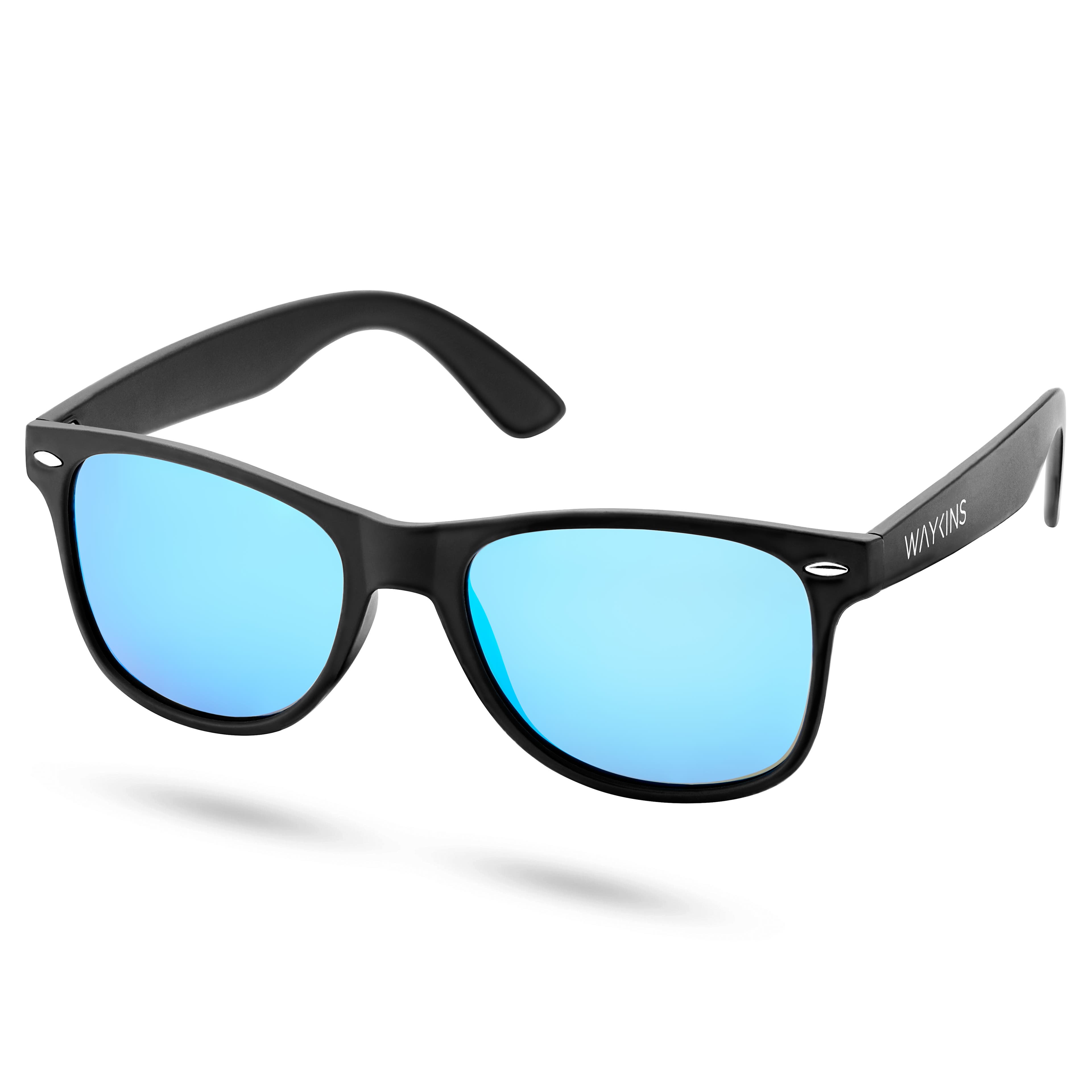Ochelari de soare retro negri cu lentile polarizate albastre