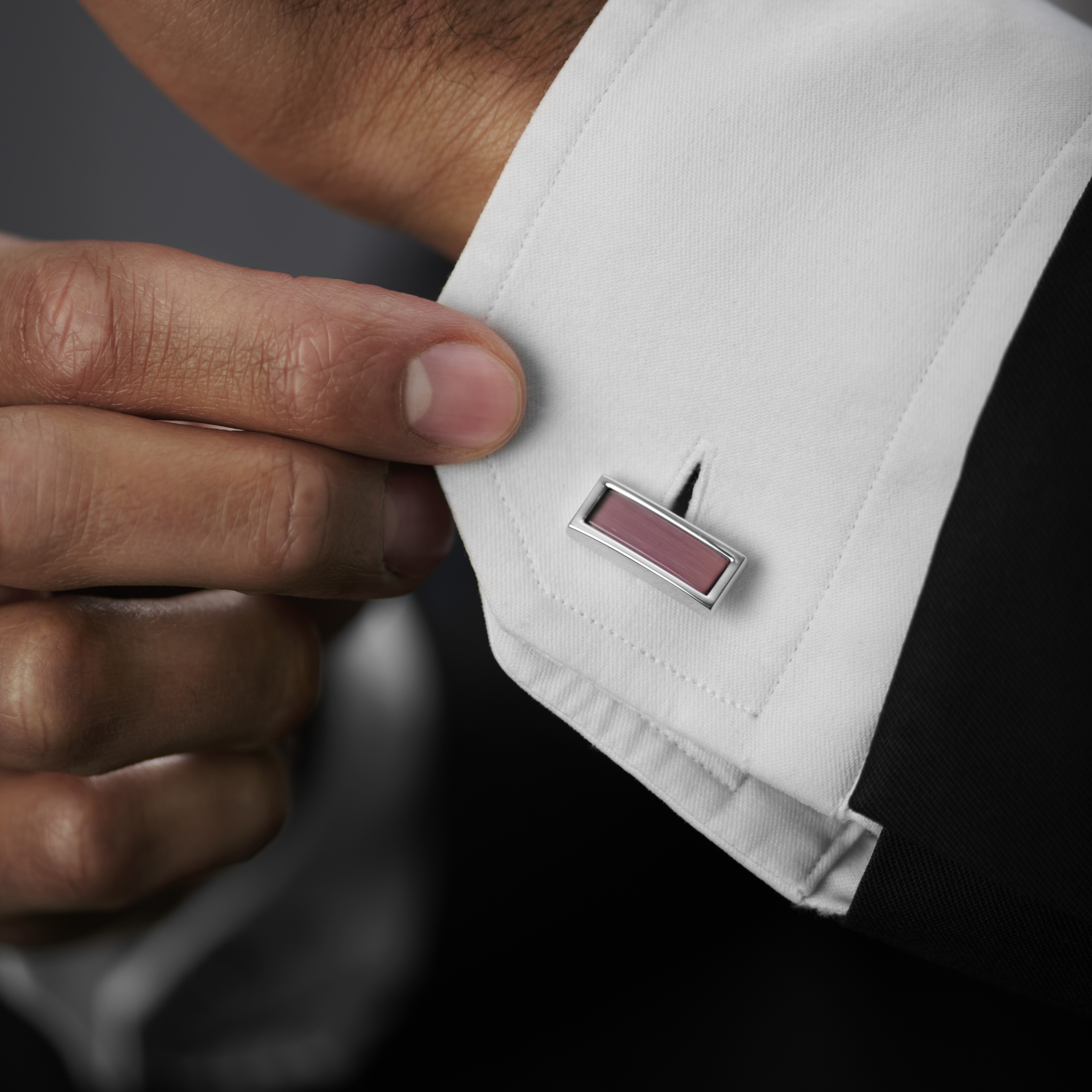 Rectangular Silver-Tone & Burgundy Stones Cufflinks - 4