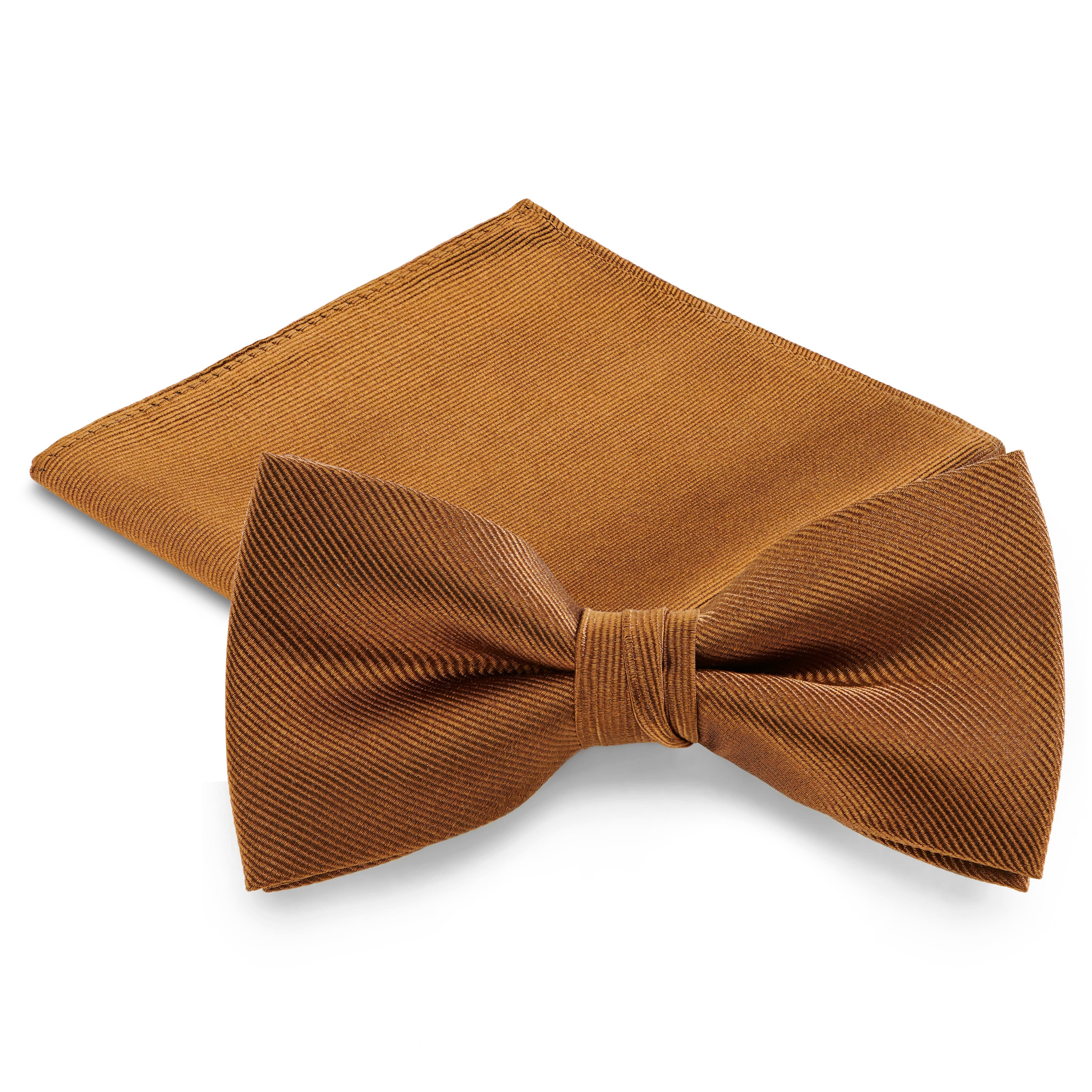 Golden Brown Pre-Tied Silk-Twill Bow Tie & Pocket Square Set