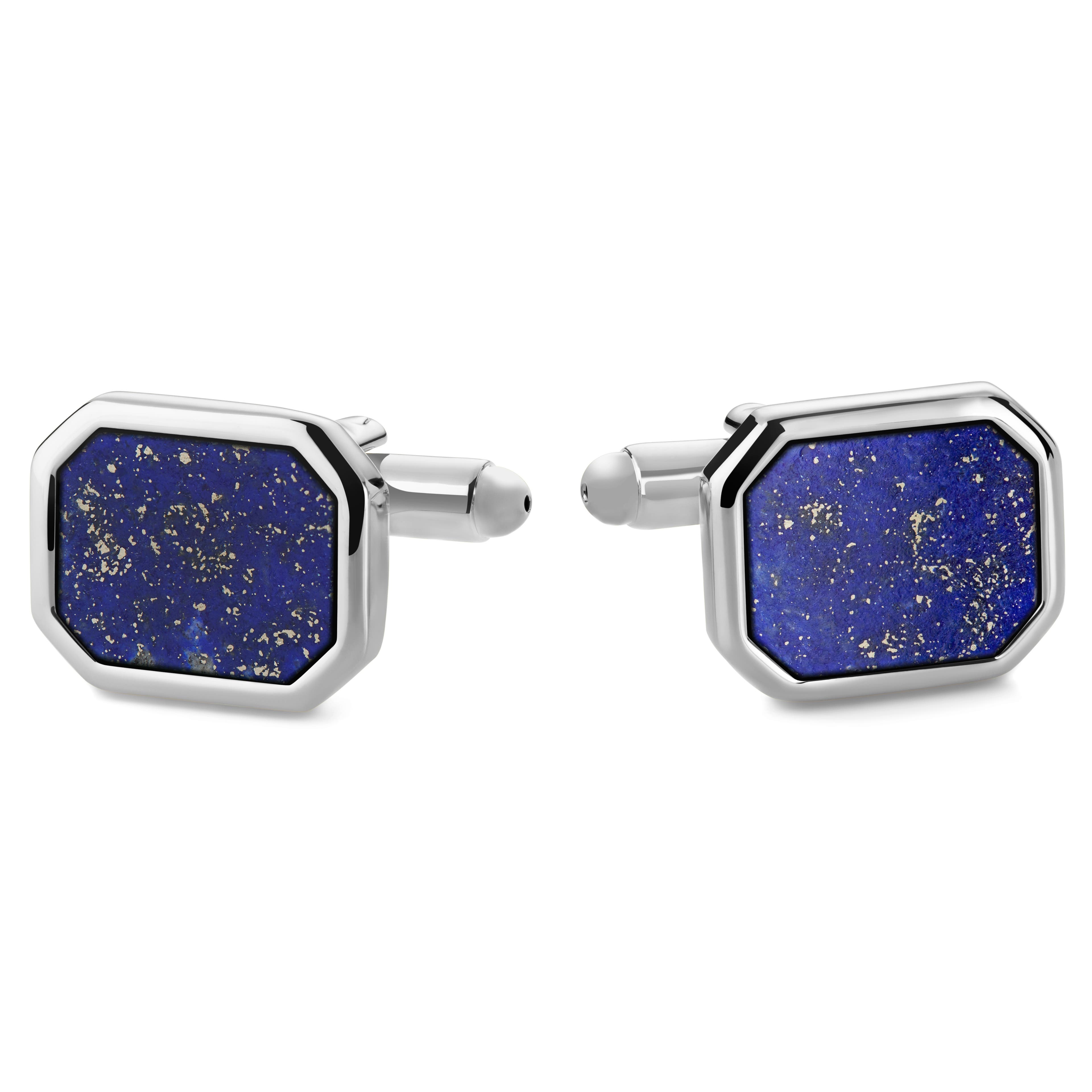 Achteckige silberfarbene Manschettenknöpfe mit Lapislazuli-Einlage Achteckige silberfarbene Manschettenknöpfe mit Lapislazuli-Einlage