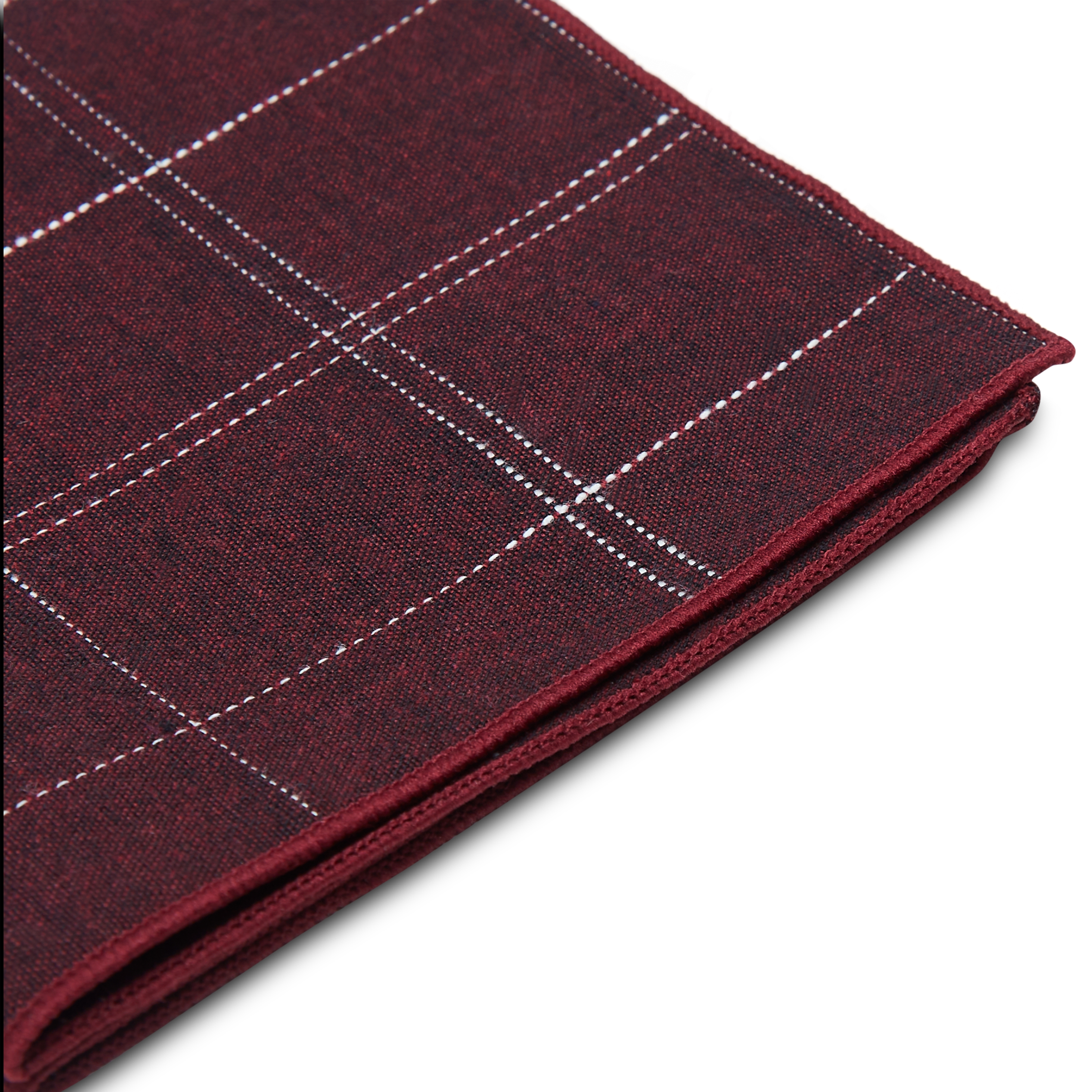 Burgundy & White Stitched Cotton Pocket Square - 2