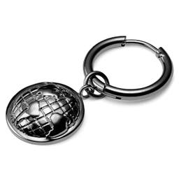 Cercel rotund din oțel negru cu pandantiv Globul Pământesc