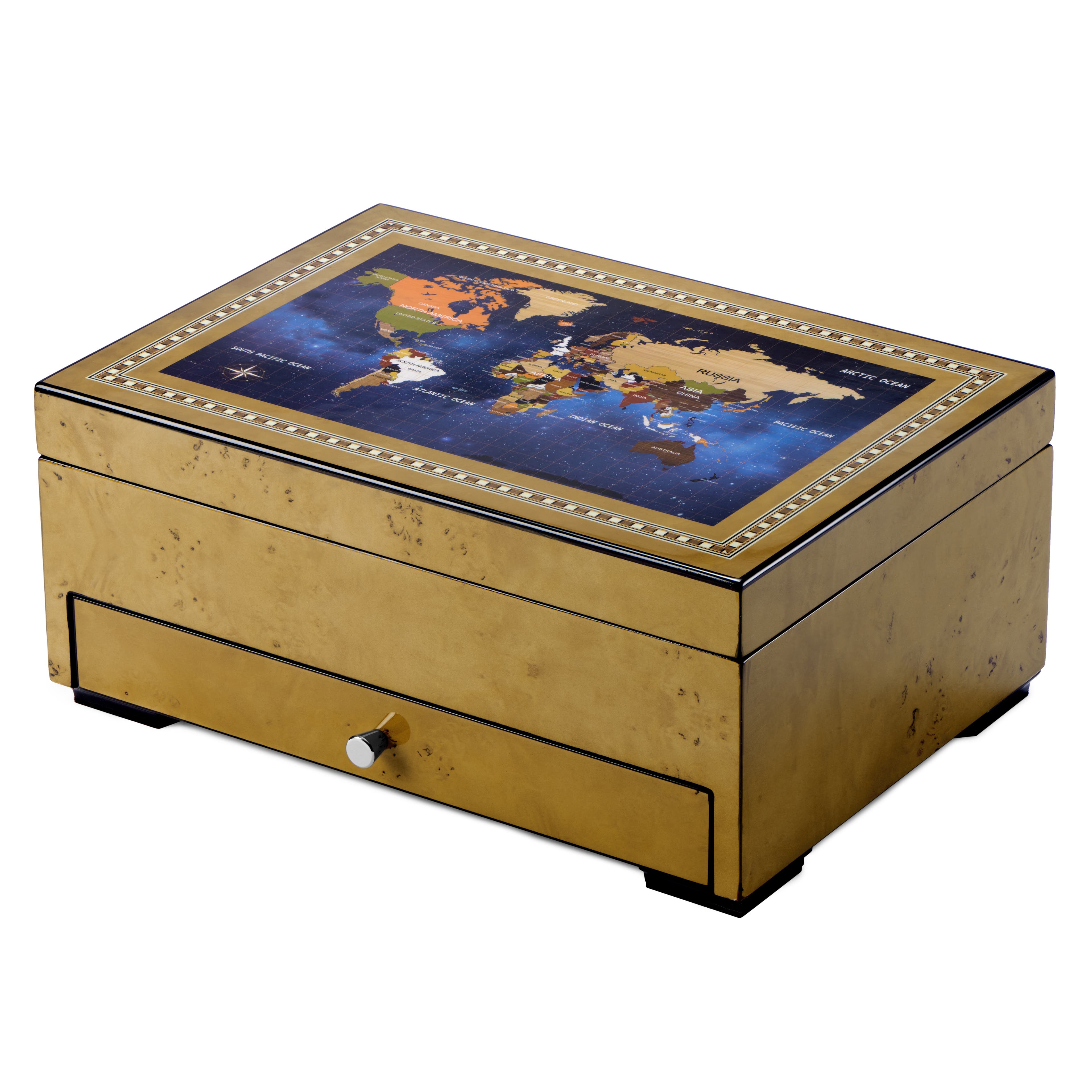 Кутия за аксесоари и 8 часовника с отстраняема поставка, чекмедже и карта на света