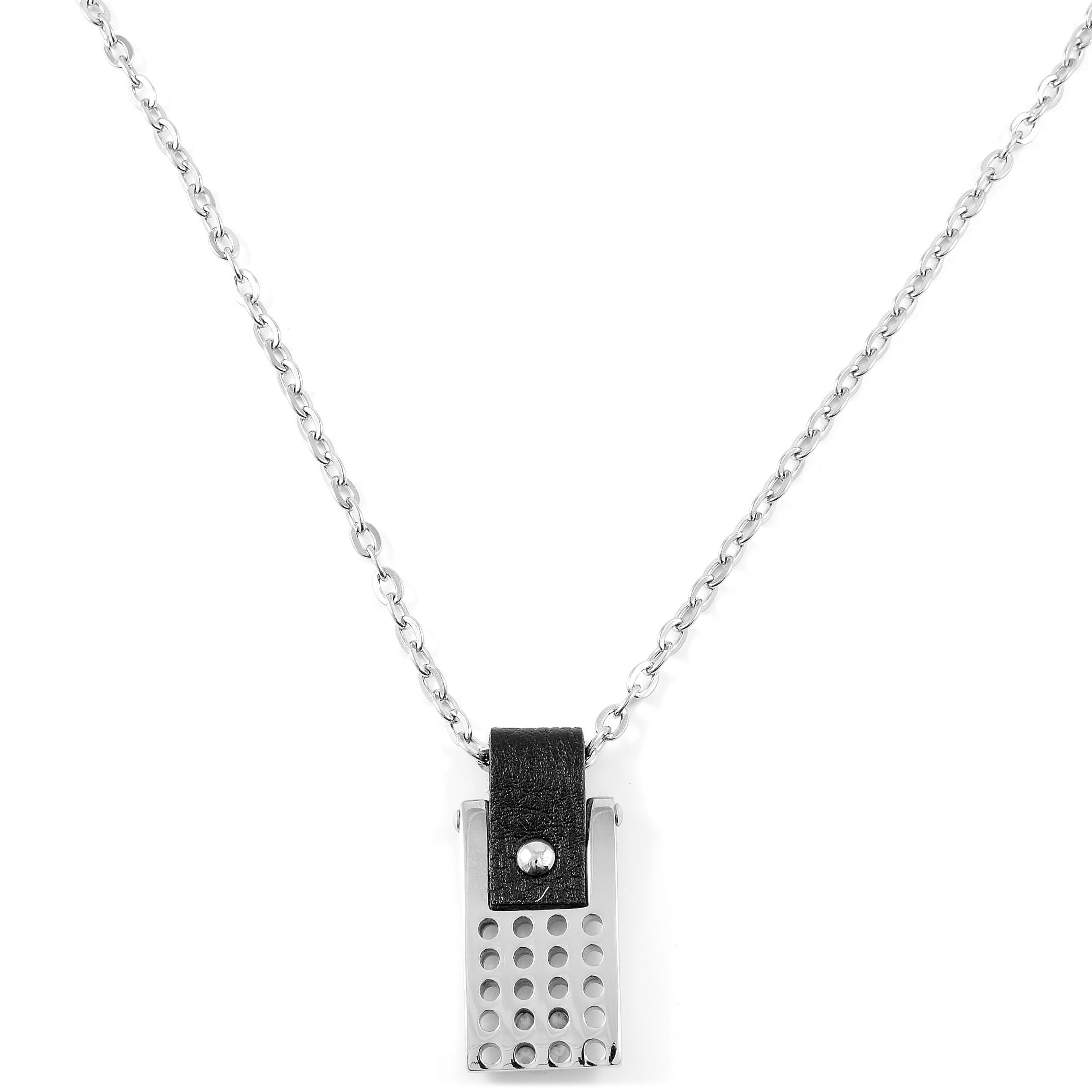 Silver-Tone & Black Stainless Steel Plate Cable Chain Necklace