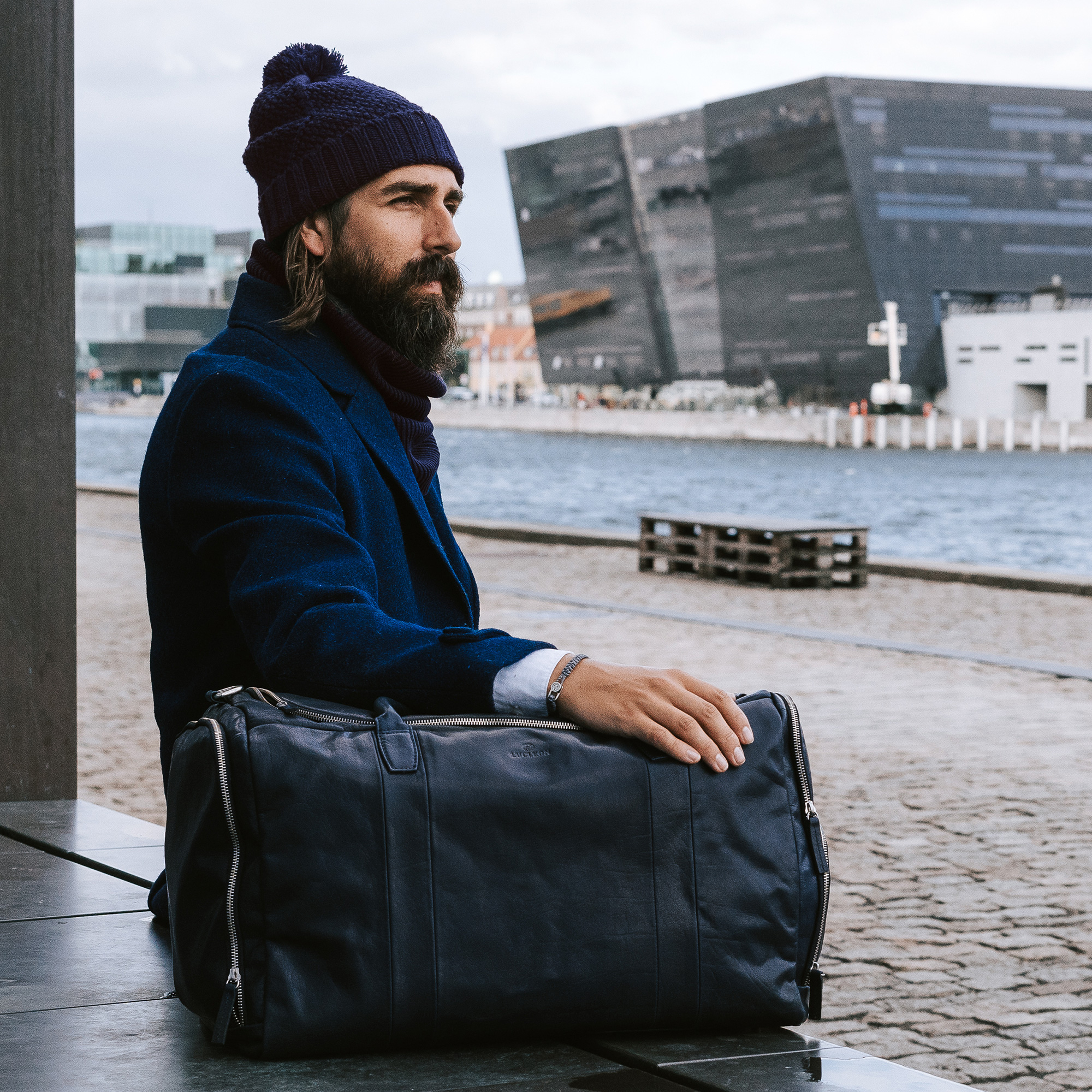 Bolsa de viaje grande de cuero azul marino Montreal - 15