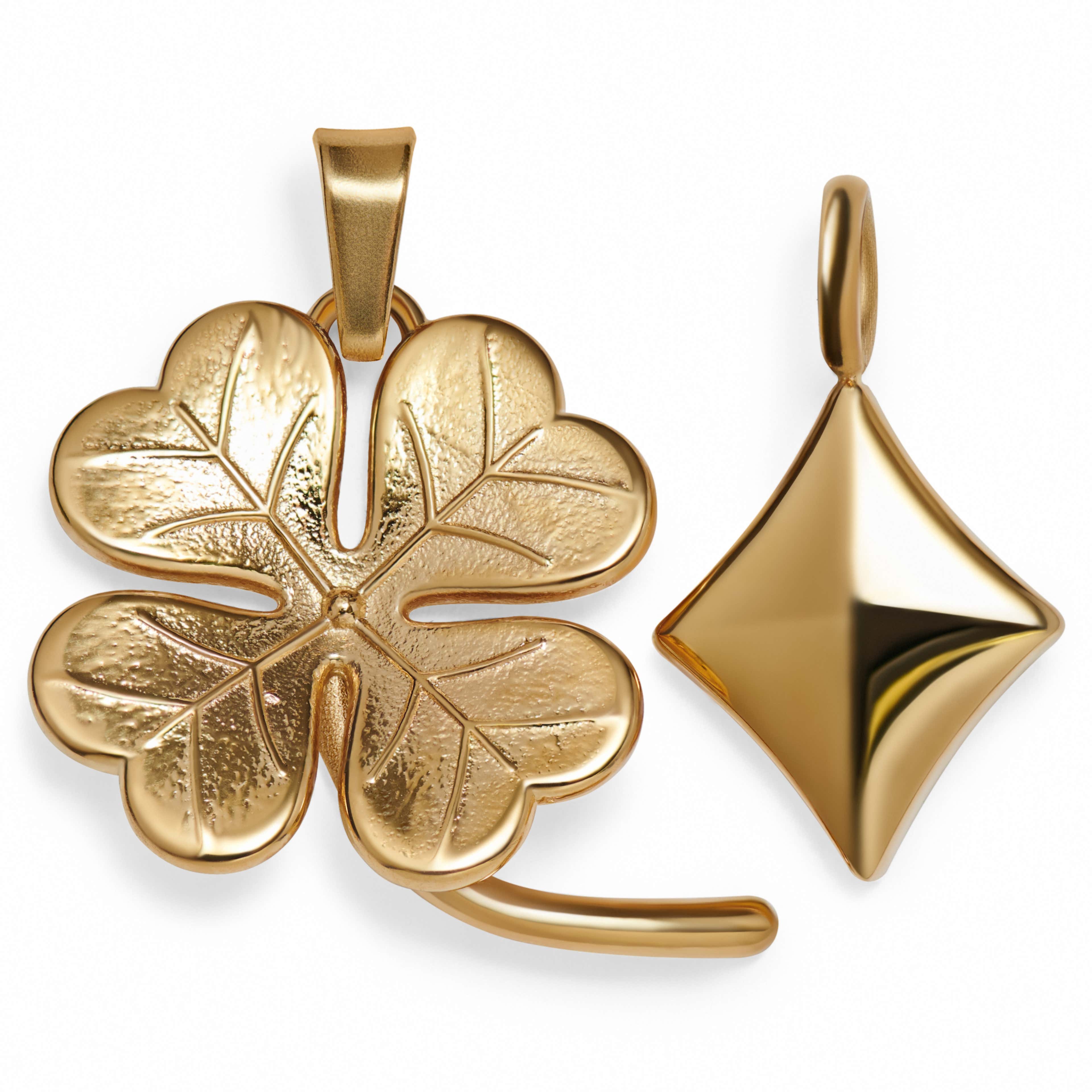 Ace | Gold-tone 4-leaf Clover & Diamond Pendant Set