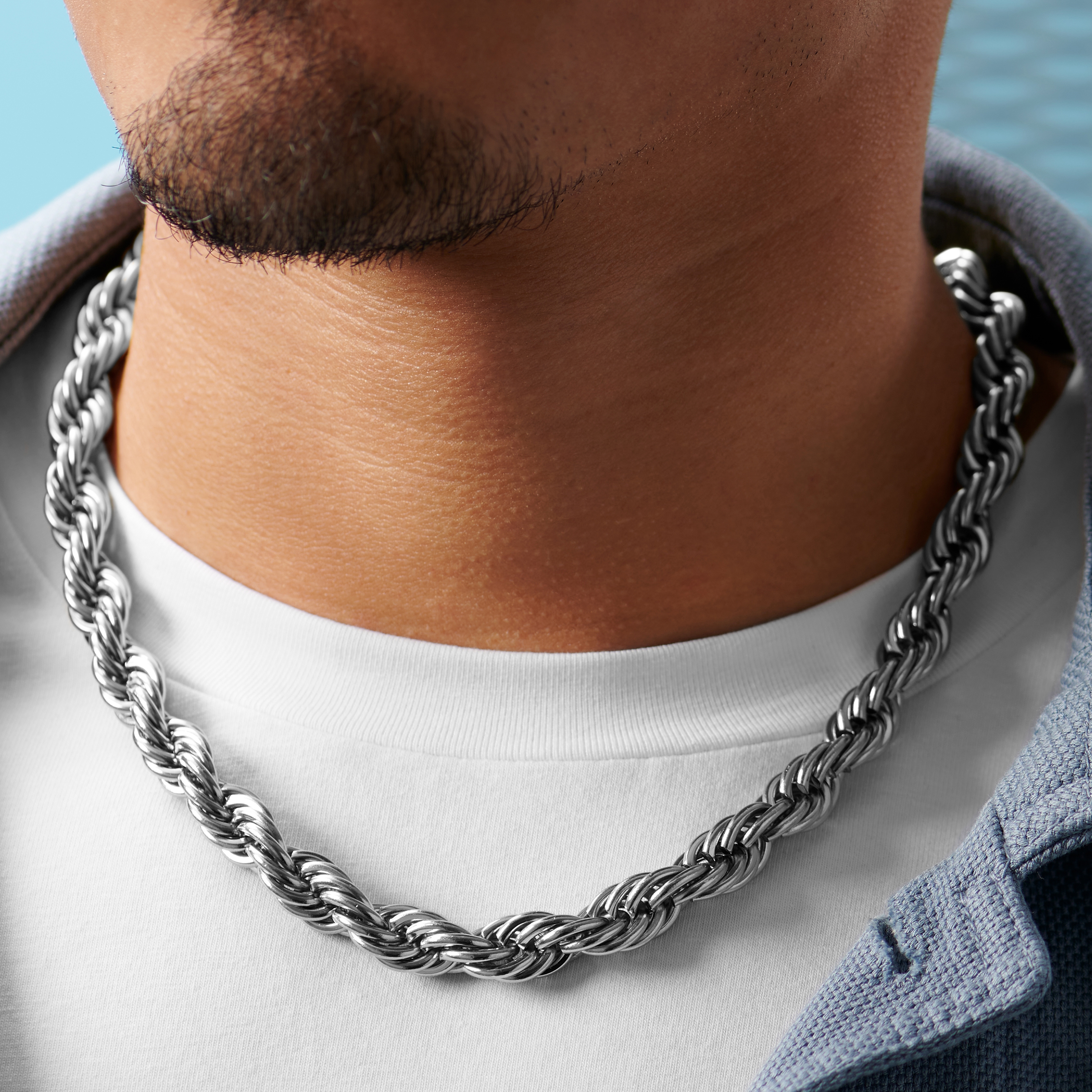 Amager, 10 mm Silver-Tone Stainless Steel Rope Chain Necklace, In stock!