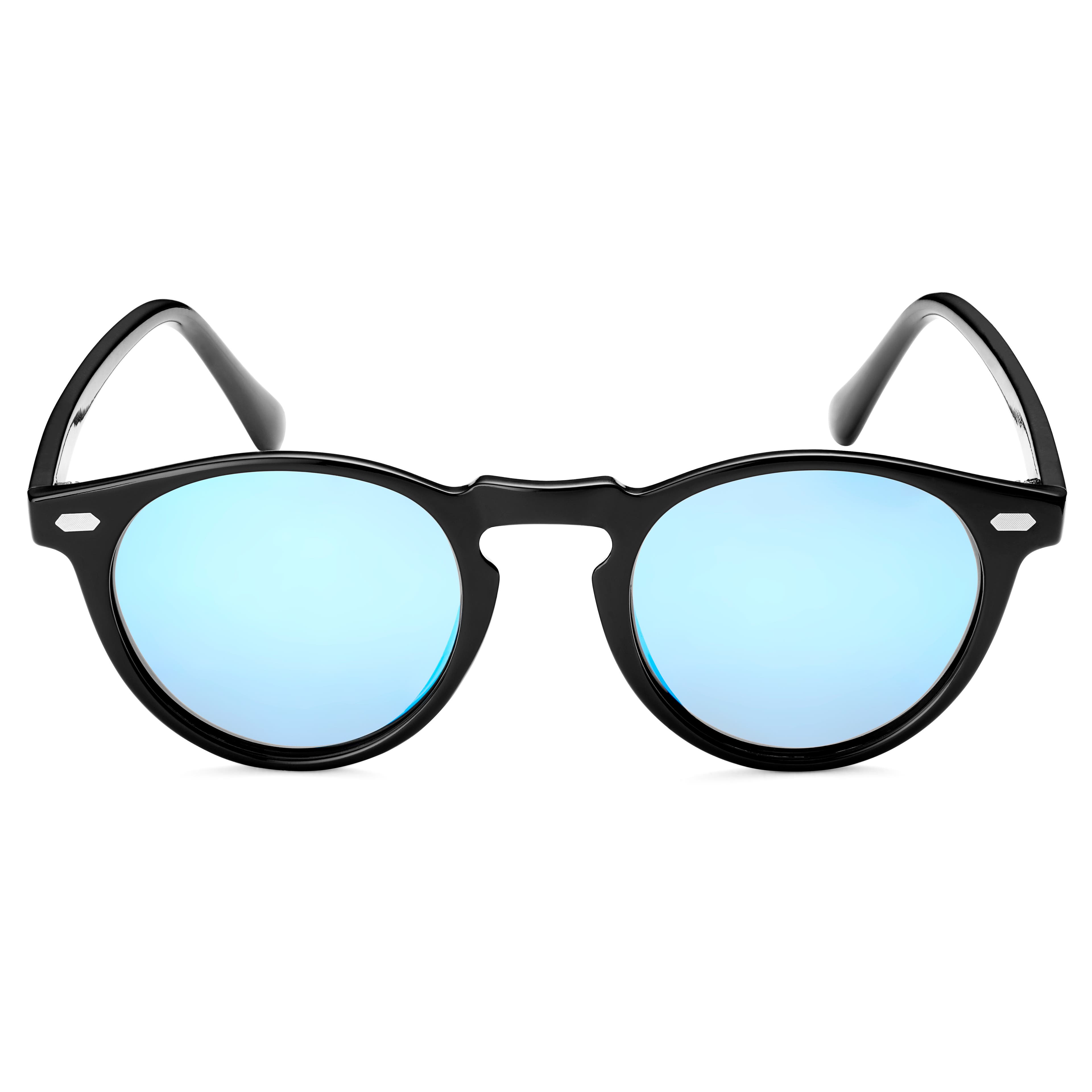 Retro Sorte & Blå Polariserede Runde Spejlsolbriller