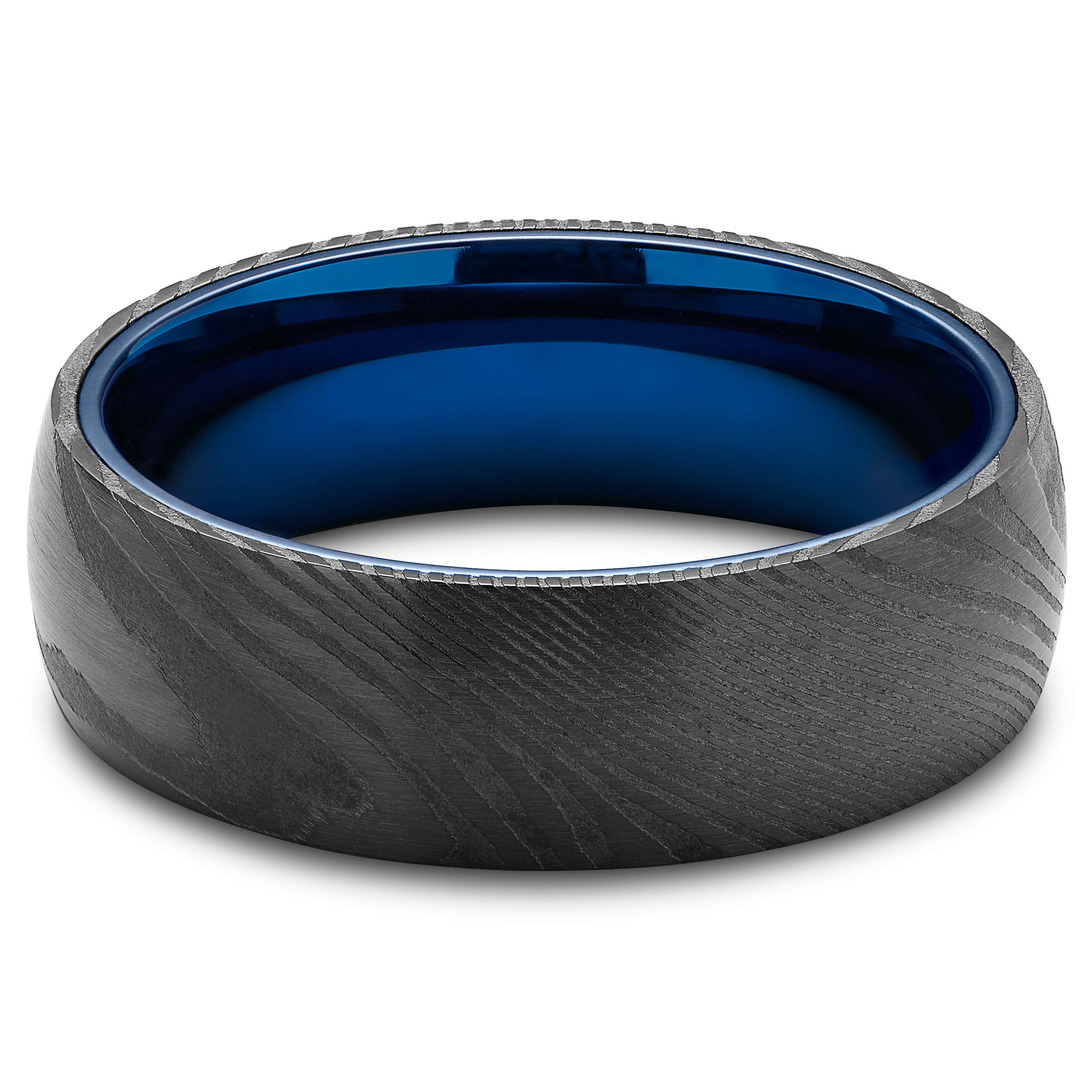 Toby Gunmetal Damascus Steel and Blue Titanium Ring - 2 - hover gallery