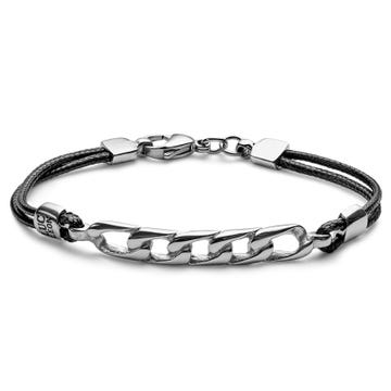 Gravel | Silver-Tone Steel and Black Waxed Cotton Bracelet